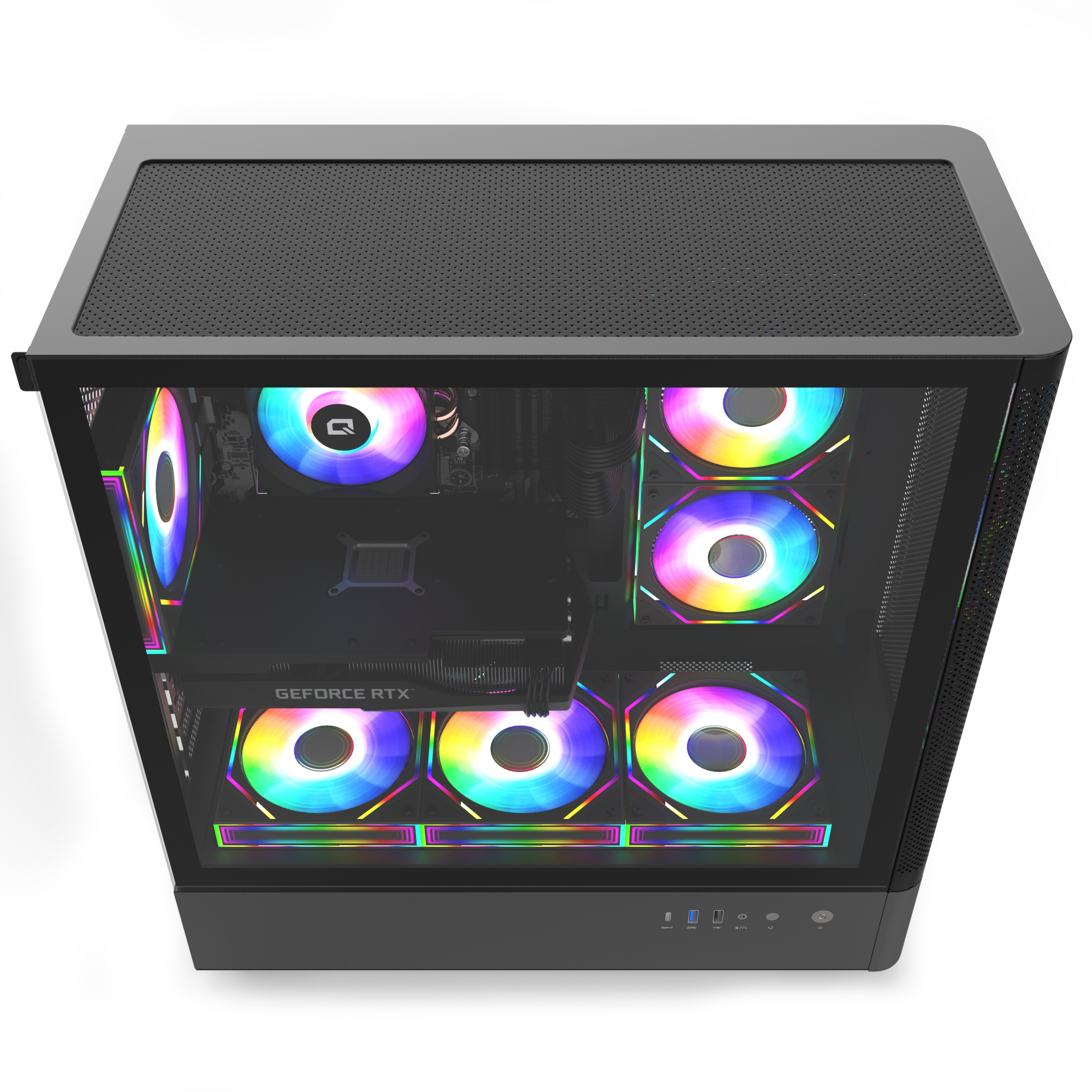 İçinde birden fazla renkli RGB fan ve ekran kartı bulunan siyah bir bilgisayar kasası.