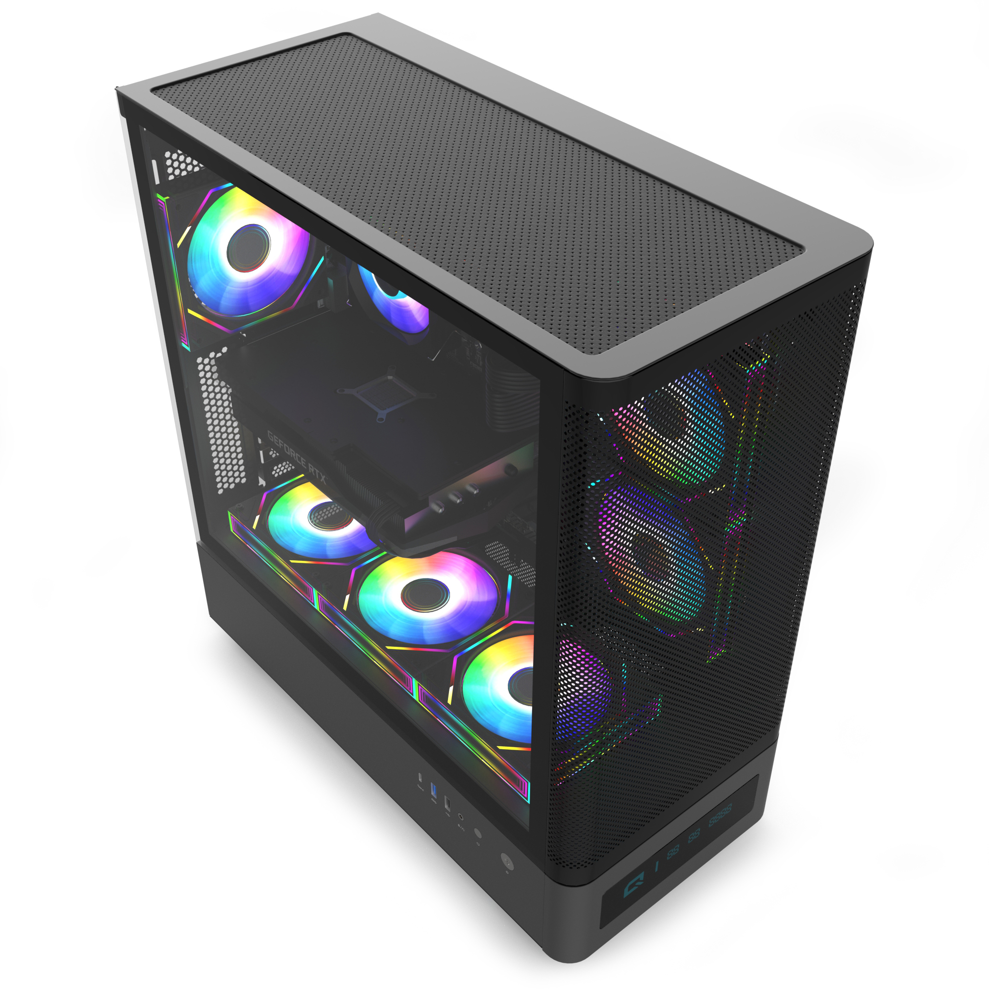 Cam yan panelleri ve içinde parlayan çok renkli RGB fanları olan siyah bir bilgisayar kasası, yüksek açıdan.