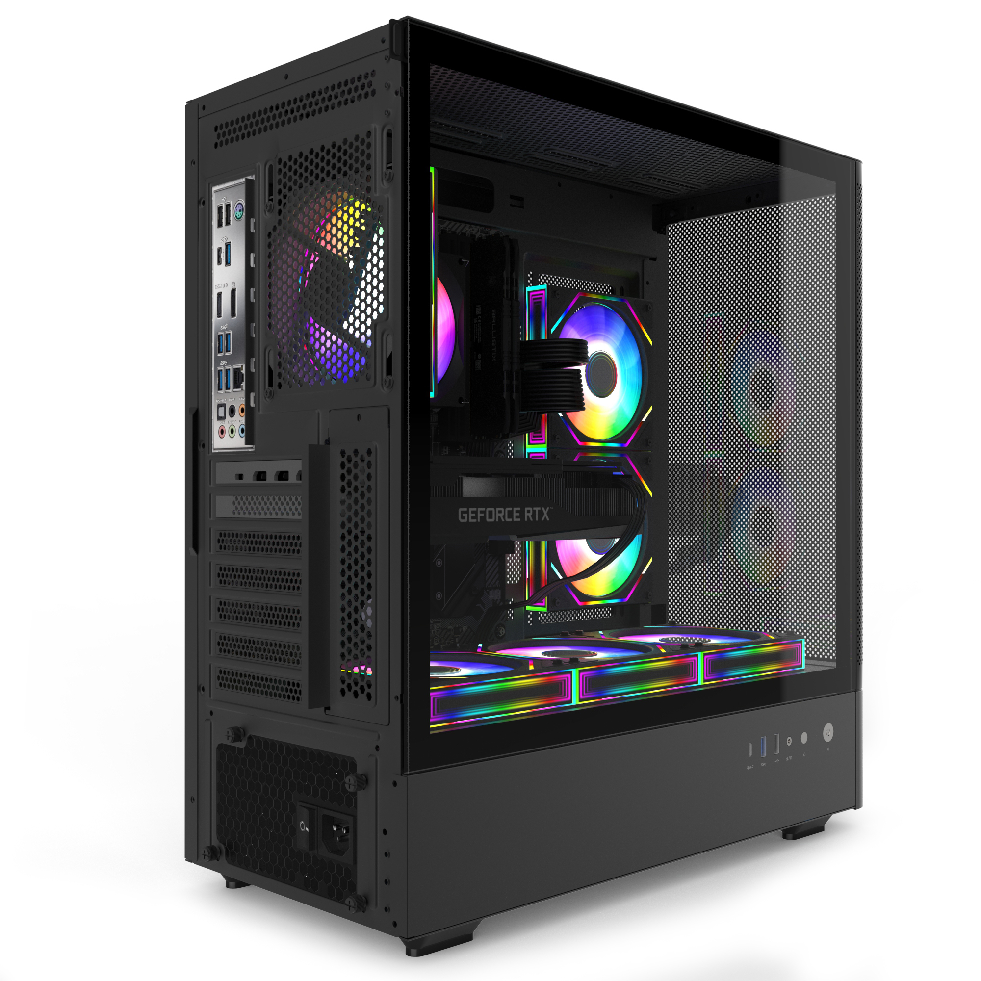 Cam paneller, parlayan RGB fanlar ve iç donanıma sahip siyah bir oyuncu PC kasası.