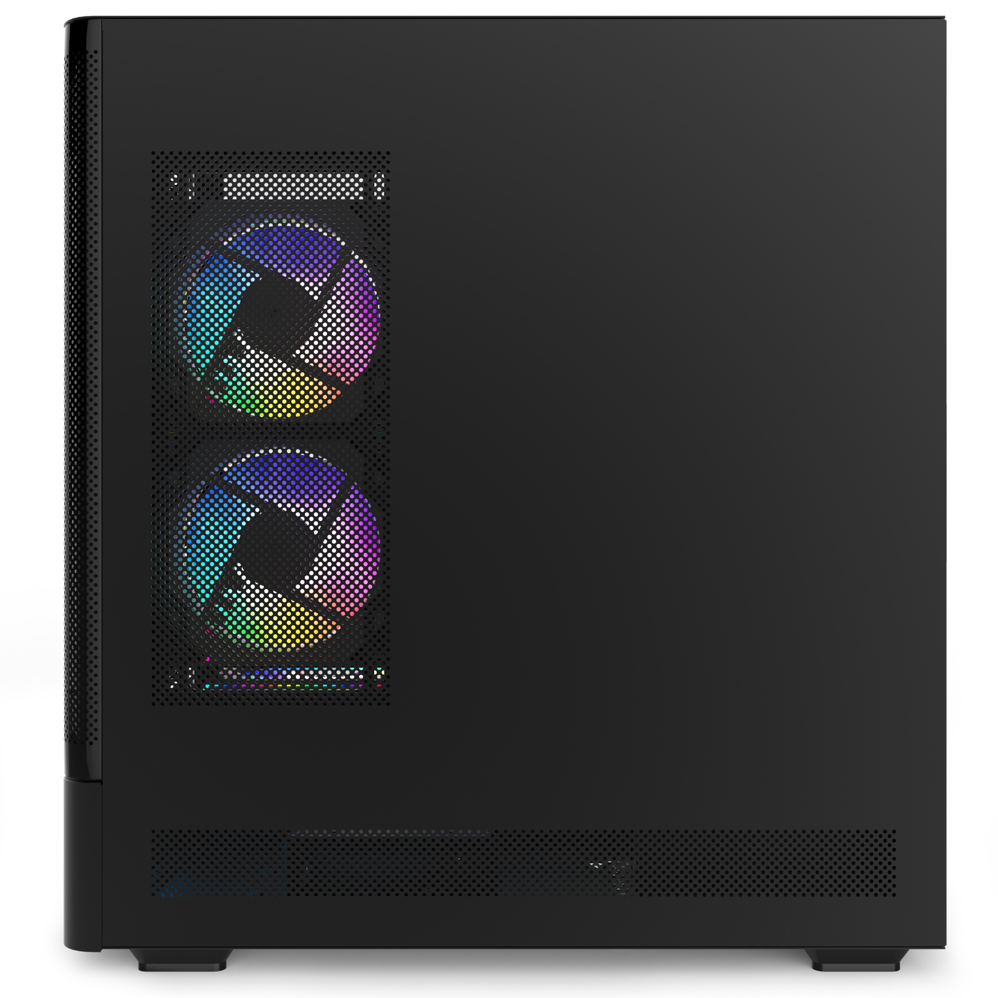 Yan panelindeki delikli kısımdan görünen iki ışıklı RGB fanlı siyah bilgisayar kasası.
