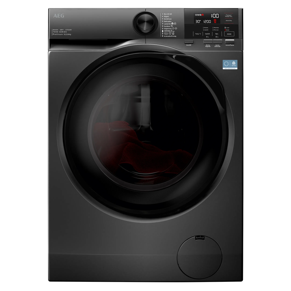 Una moderna lavadora secadora AEG gris oscuro con pantalla digital brillante y una prenda roja dentro de la puerta de vidrio.