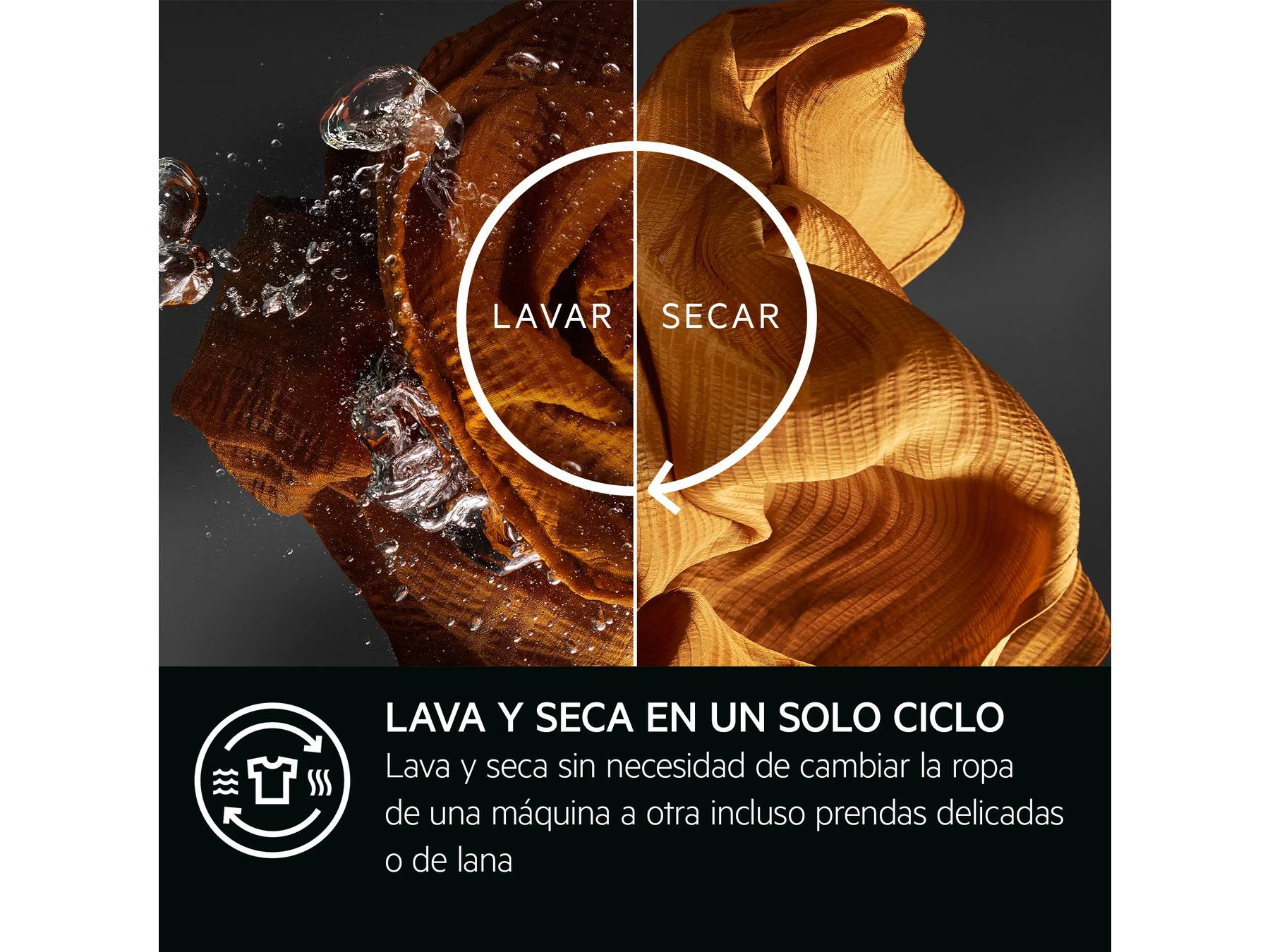 Lavado y secado de ropa delicada en un solo ciclo con agua y burbujas.
