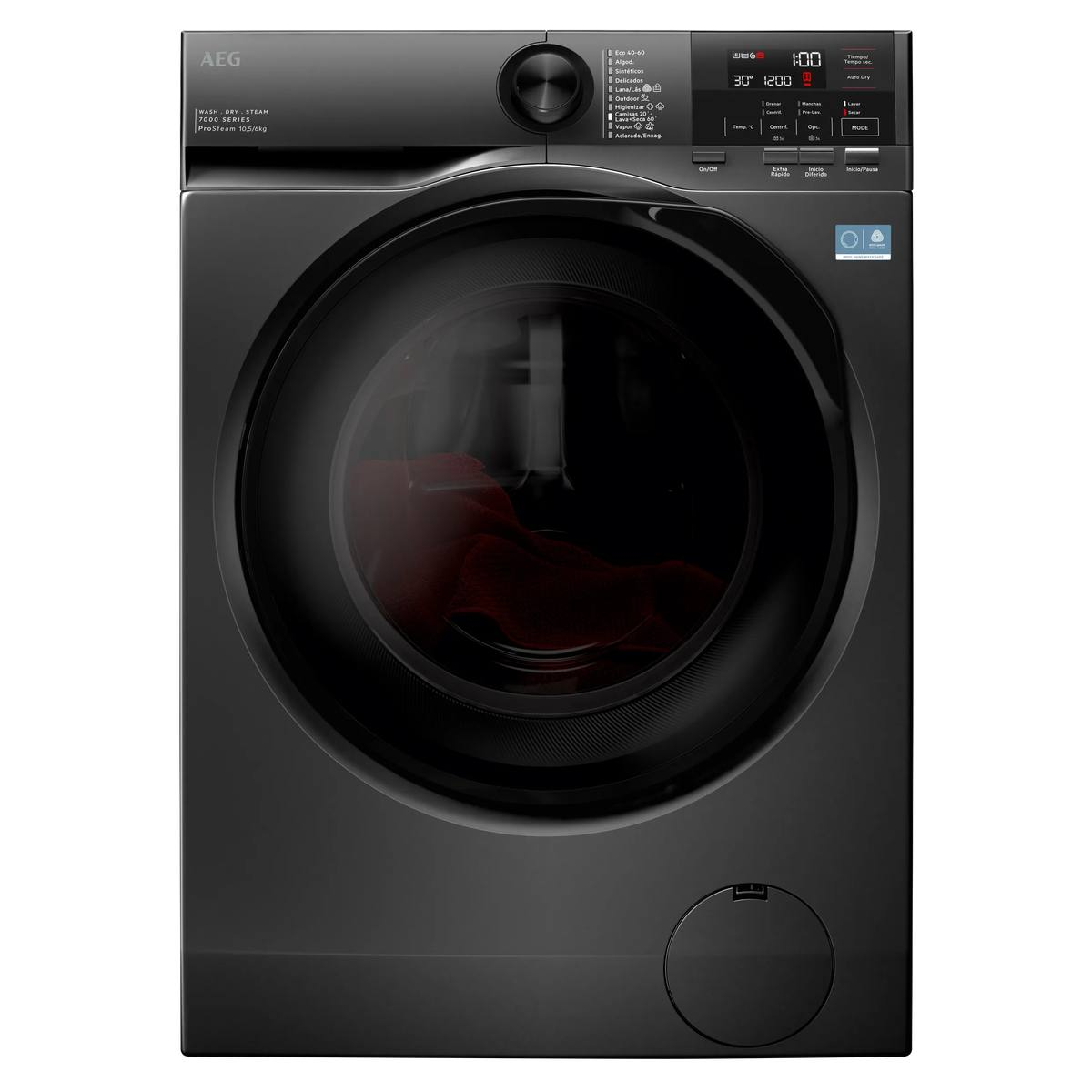Moderna lavadora negra AEG con pantalla digital y puerta de cristal redonda.