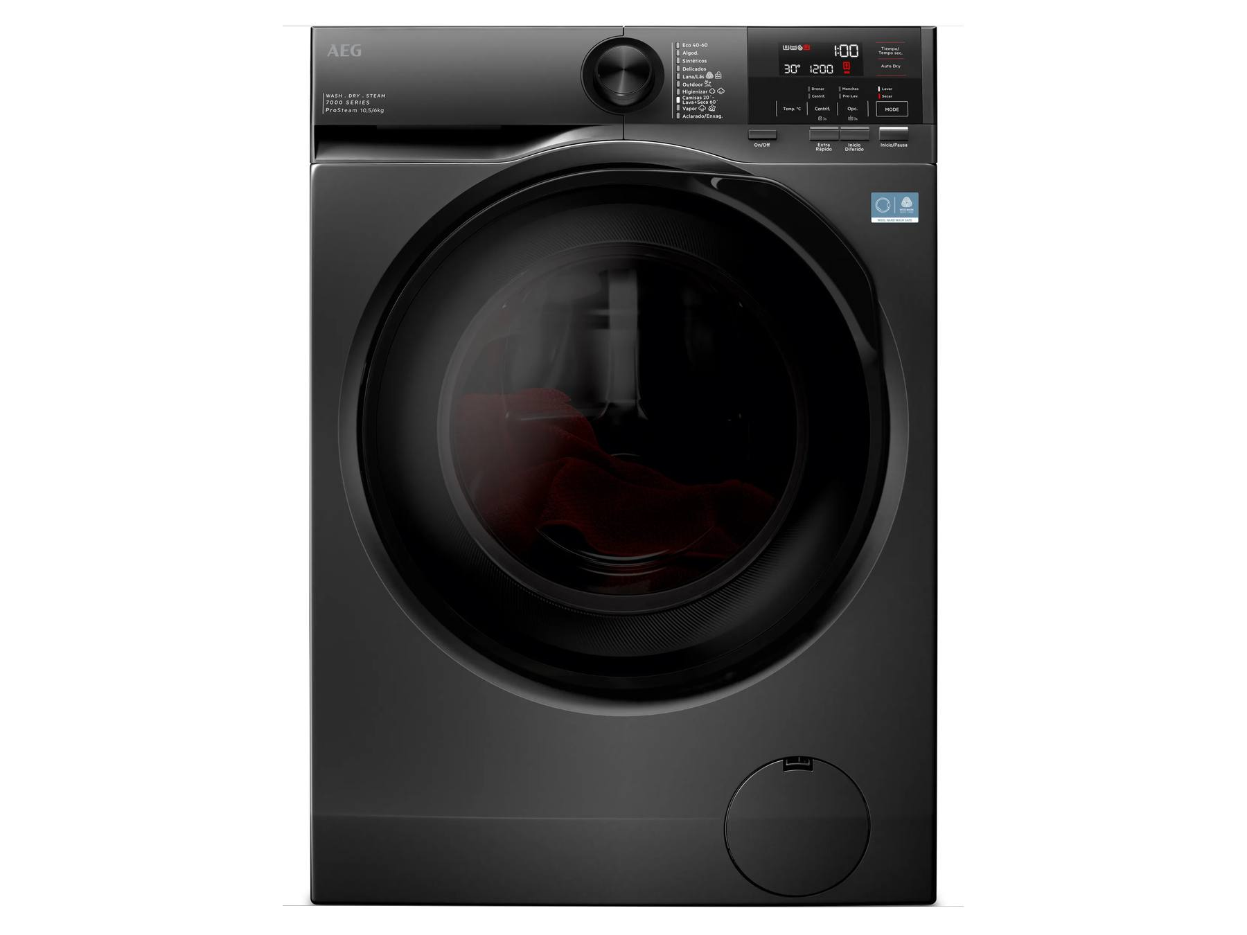 Moderna lavadora AEG negra con pantalla digital y puerta redonda de cristal.