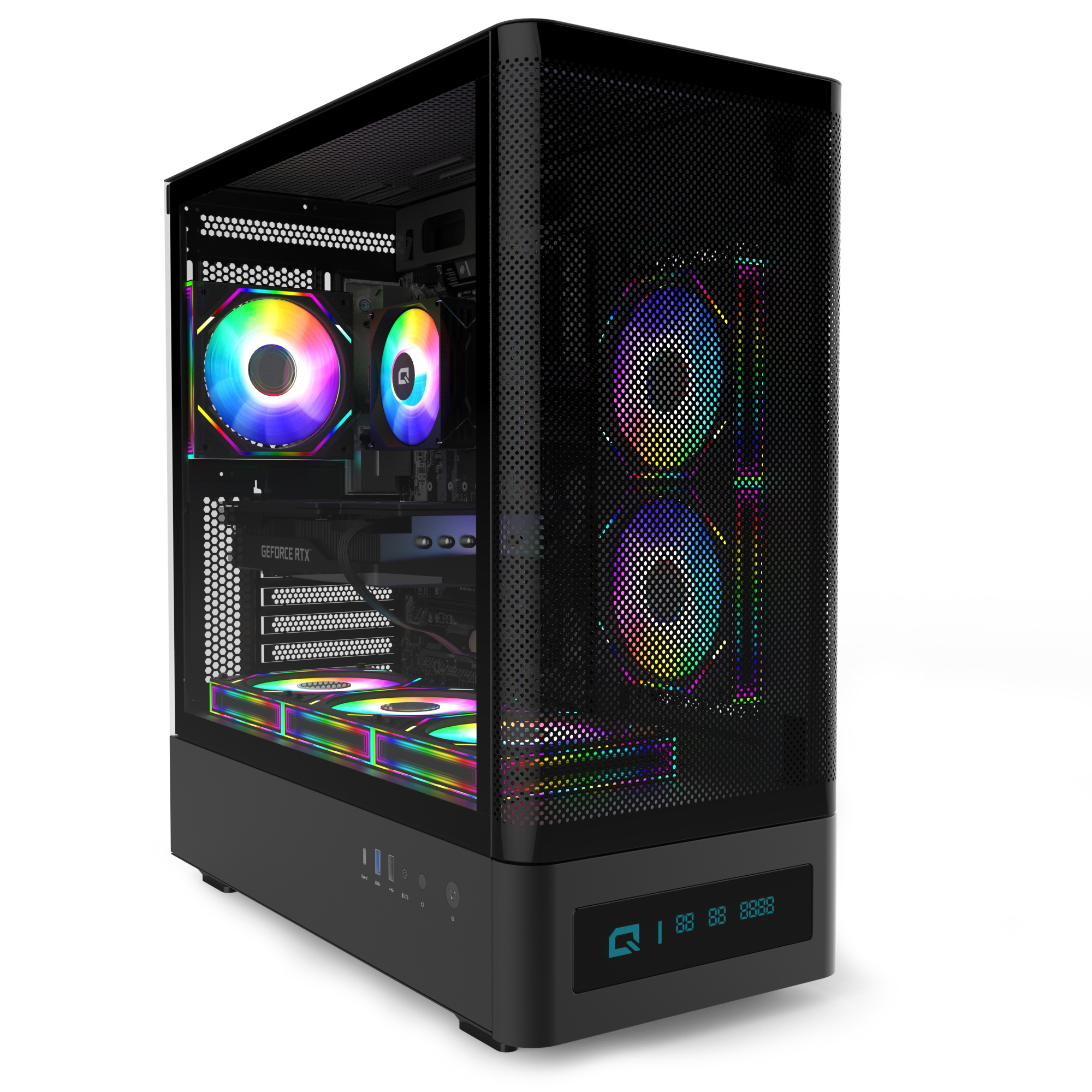Cam yan panelli ve renkli RGB fanlı siyah bilgisayar kasası.