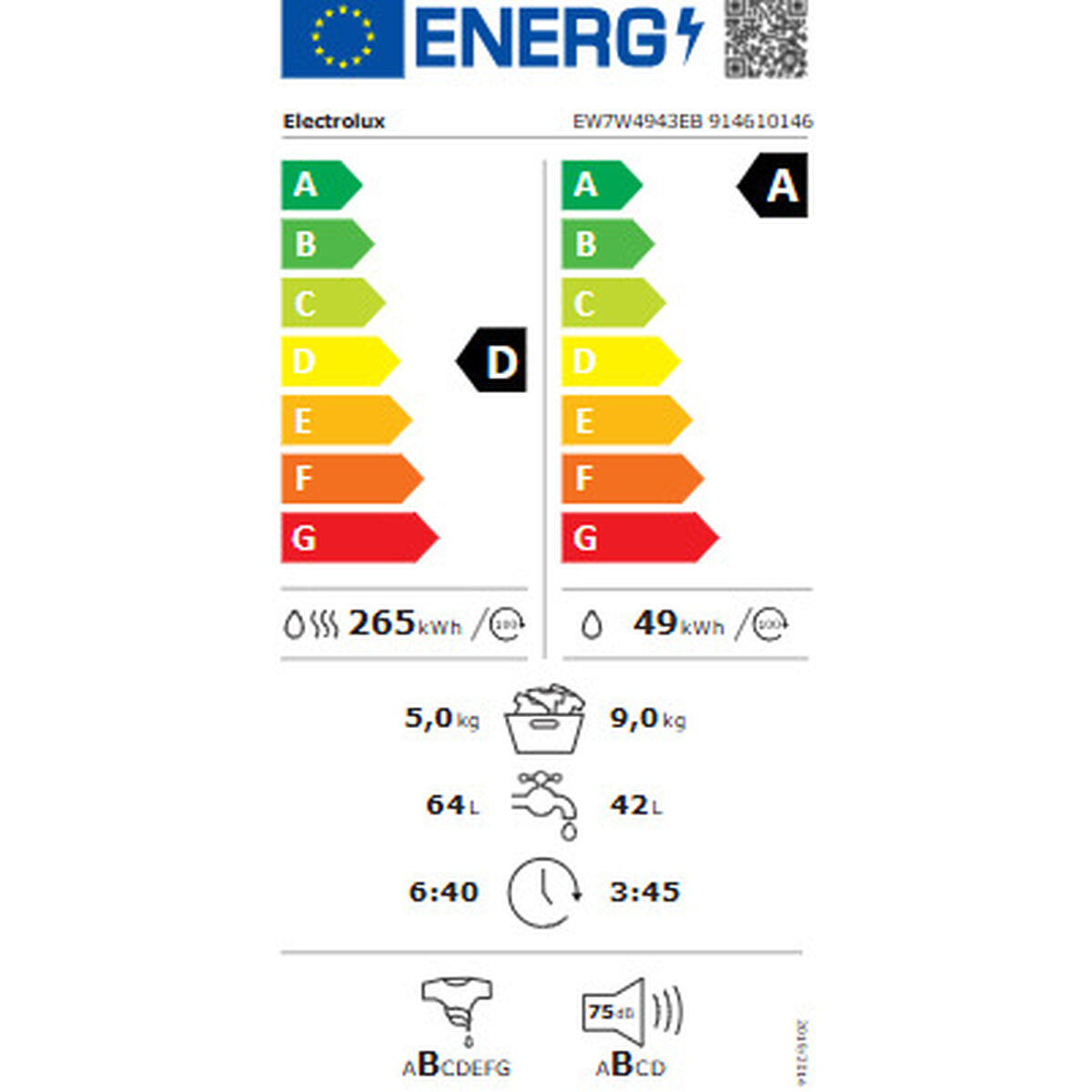 Etiqueta energética de Electrolux que muestra las clases A y D, consumo de energía, capacidad y ruido.