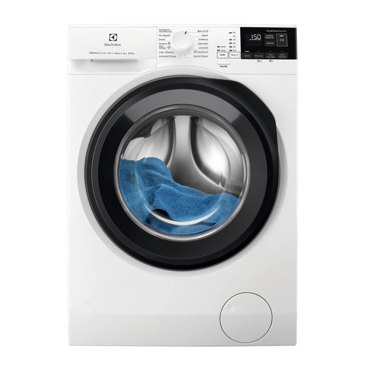 Una lavasecadora Electrolux blanca con puerta negra y ropa azul dentro.