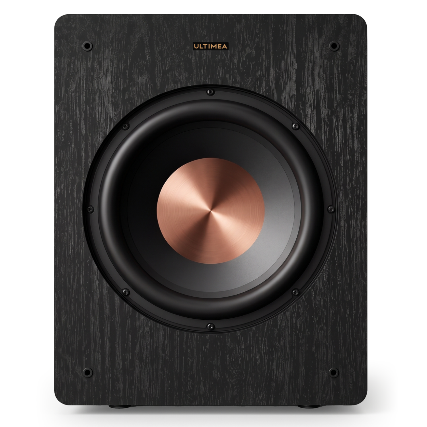 Een zwarte Ultimea subwoofer met een grote koperkleurige middelste conus.