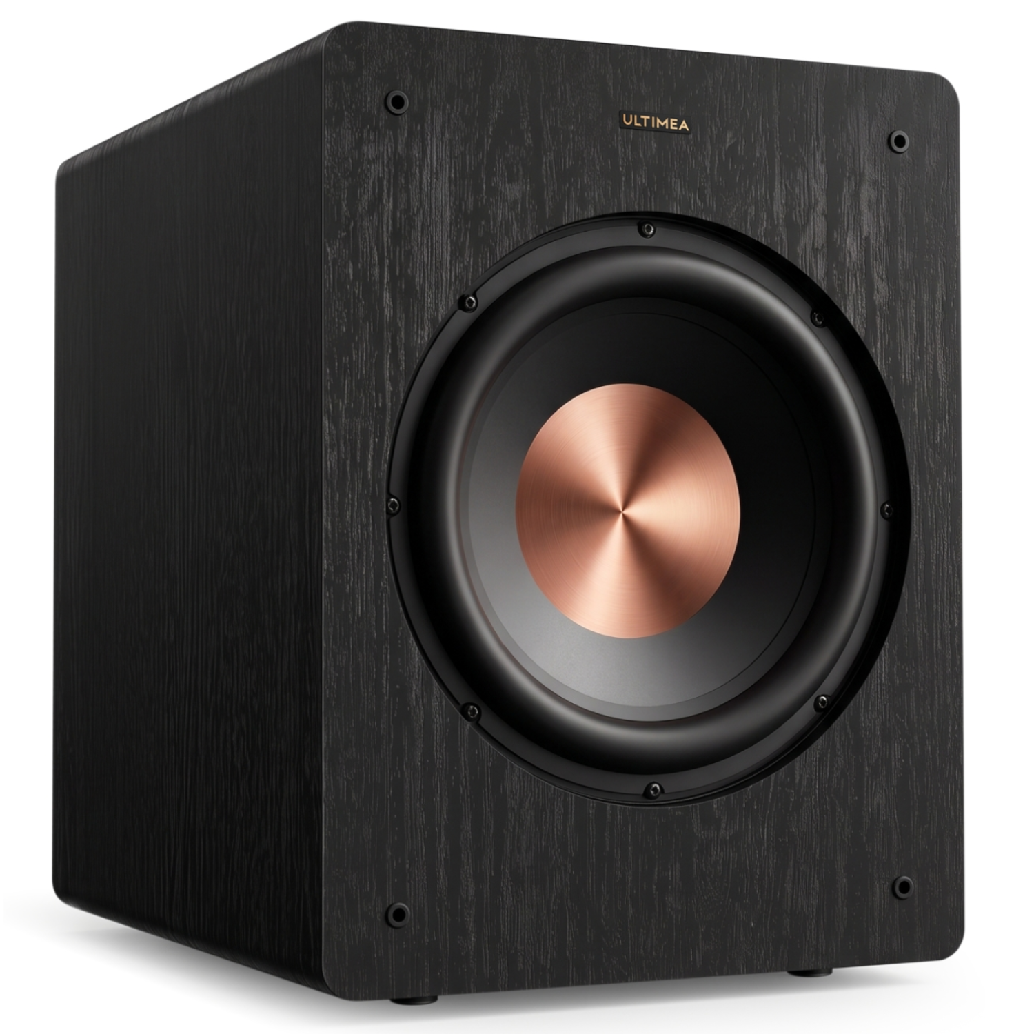 Een zwarte Ultimea subwoofer met een koperkleurige conus.