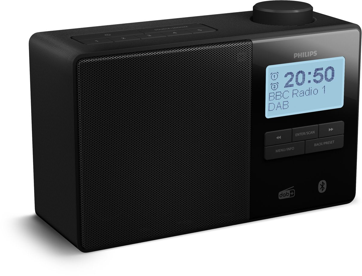 Black Philips digital radio with speaker grille, lit display, and control buttons against a white background.