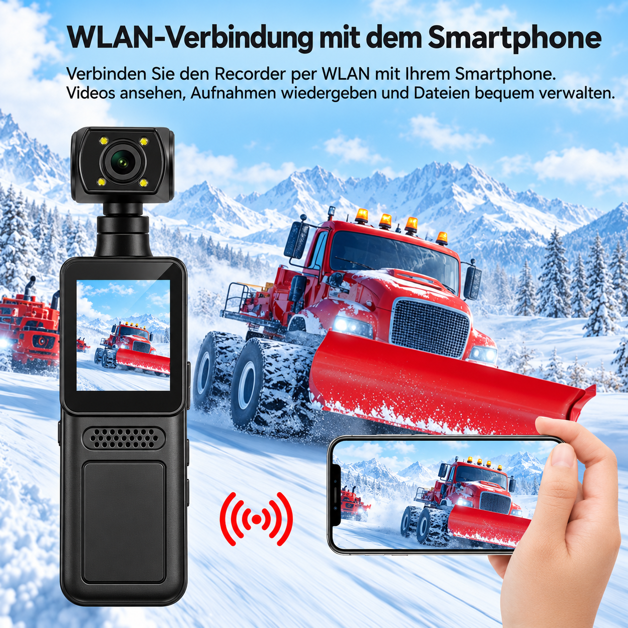 WLAN-Verbindung: Ein schwarzer Recorder zeigt ein Bild von einem Schneepflug, das auch auf ein Smartphone gestreamt wird.