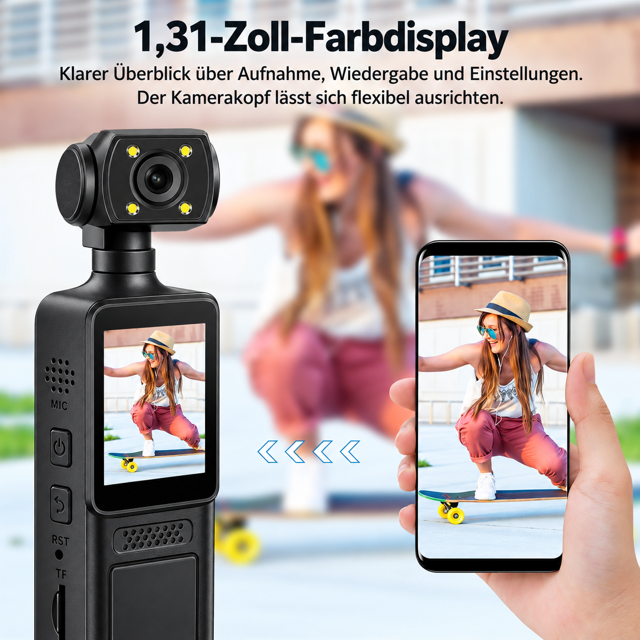 Eine schwarze Taschen-Gimbal-Kamera mit Farbdisplay zeigt eine Skateboarderin auf einem Smartphone.