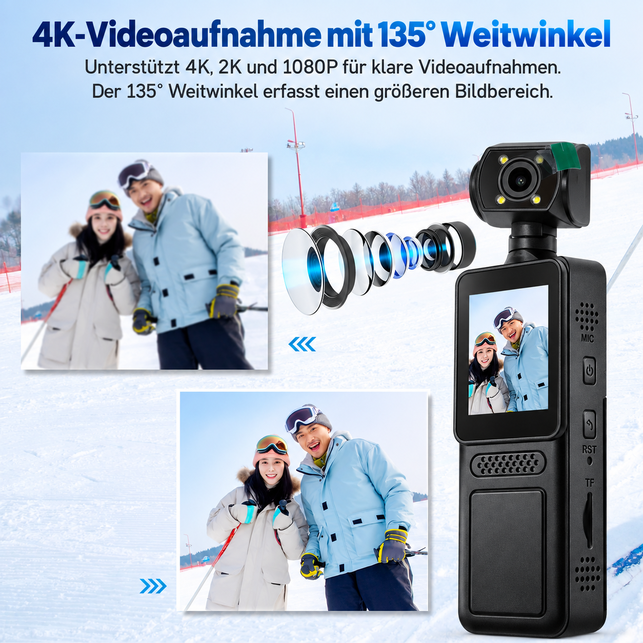Eine kompakte 4K-Kamera mit Weitwinkelobjektiv vor einer schneebedeckten Winterlandschaft.