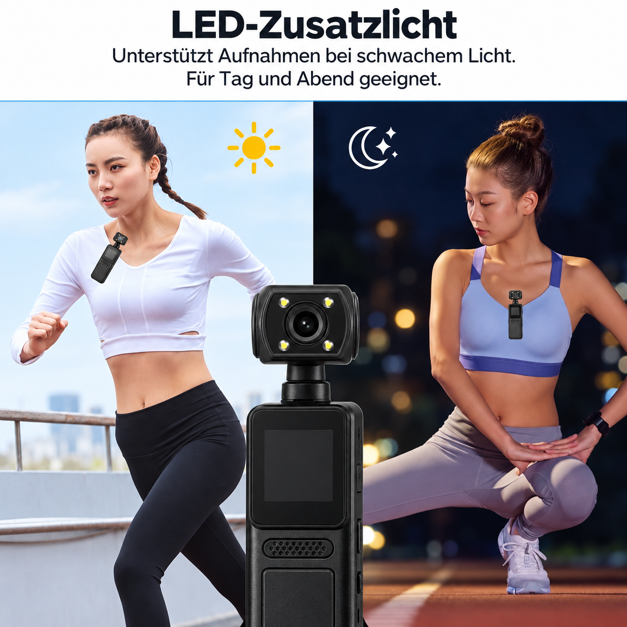 Eine kleine LED-Zusatzlichtkamera wird von zwei Frauen tagsüber und nachts beim Sport getragen.