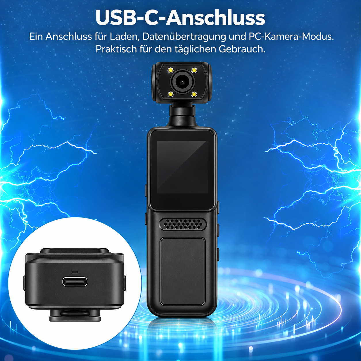 Eine schwarze Taschen-Kamera mit rotierender Linse und USB-C-Anschluss, vor blauem elektrischen Hintergrund.