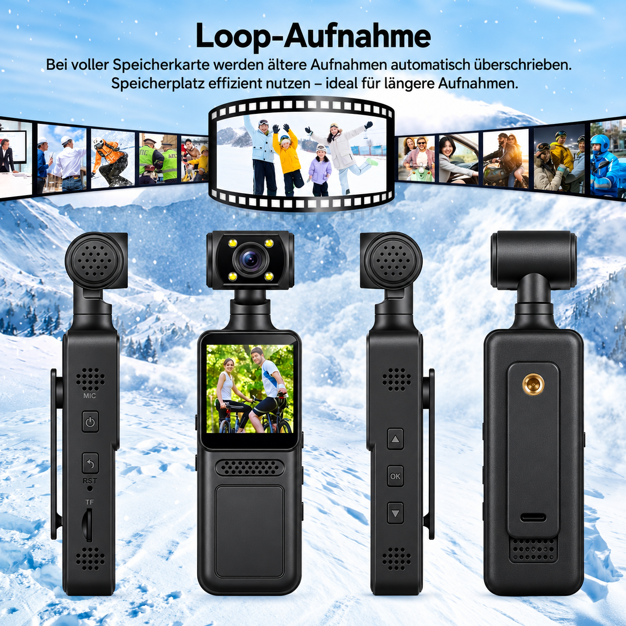 Schwarze Action-Kamera aus mehreren Perspektiven vor einer verschneiten Berglandschaft.