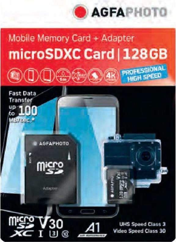 Agfaphoto 128GB microSDXC memory card with adapter, smartphone, and action camera on packaging.
