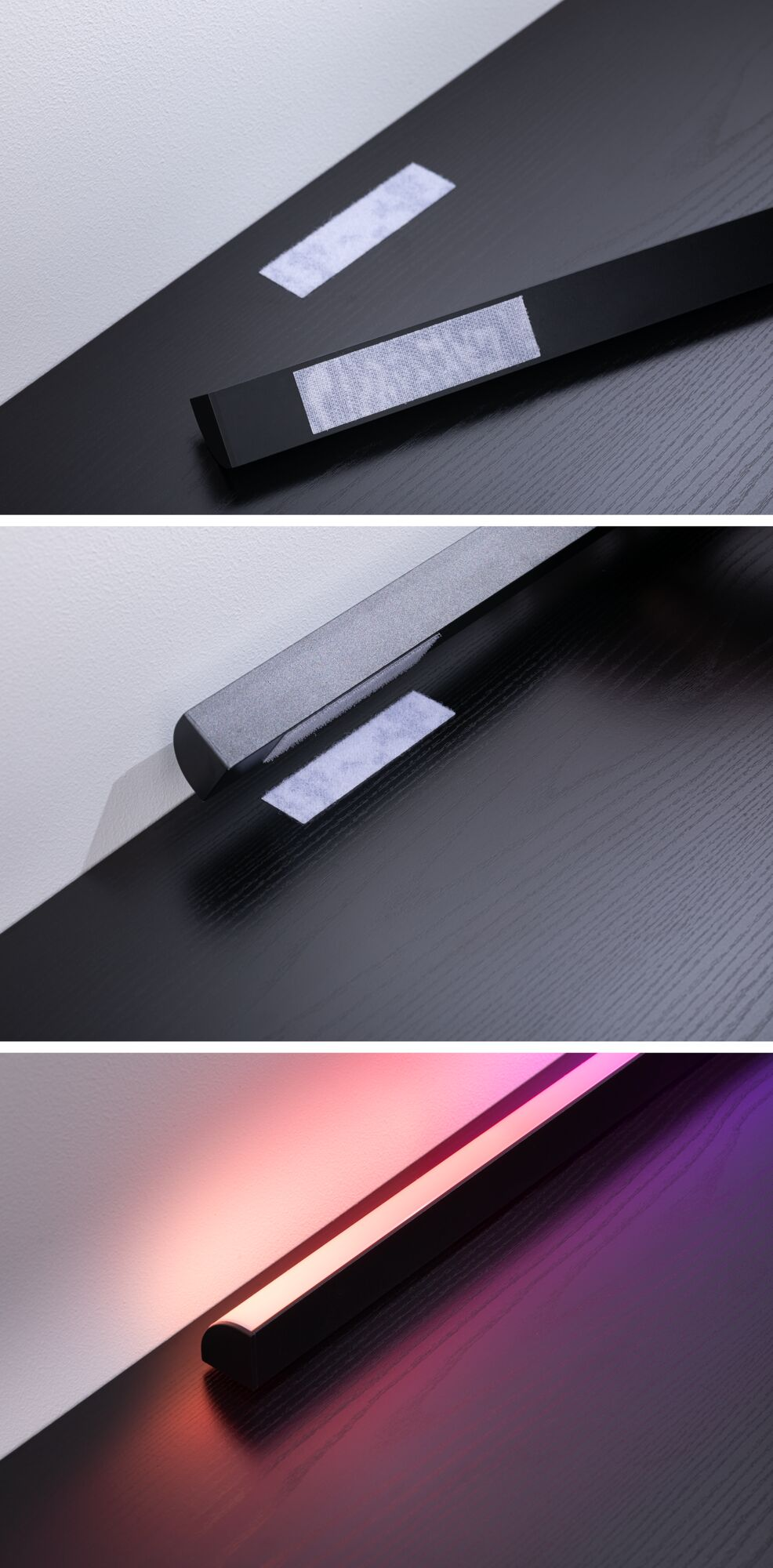 Drei Schritte zeigen die Montage einer schwarzen LED-Leiste mit Klettband und deren farbige Beleuchtung.