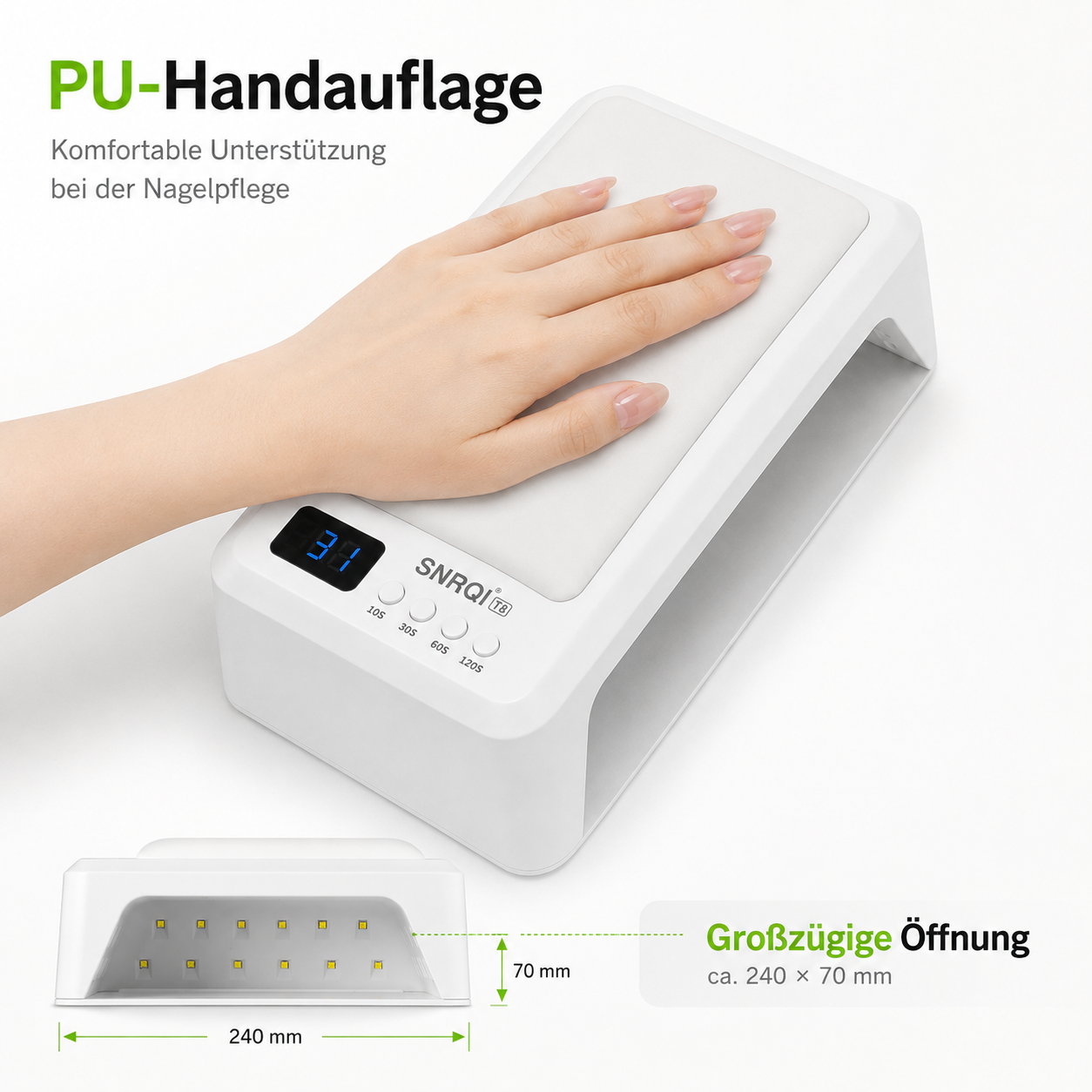 Weiße Nagelpflege-Handauflage mit LED-Lampe und digitalem Timer, Hand ruht darauf.