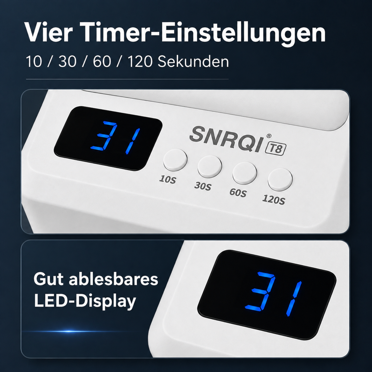 Weißes Gerät mit vier Timer-Tasten und blauem Display mit der Zahl einunddreißig.