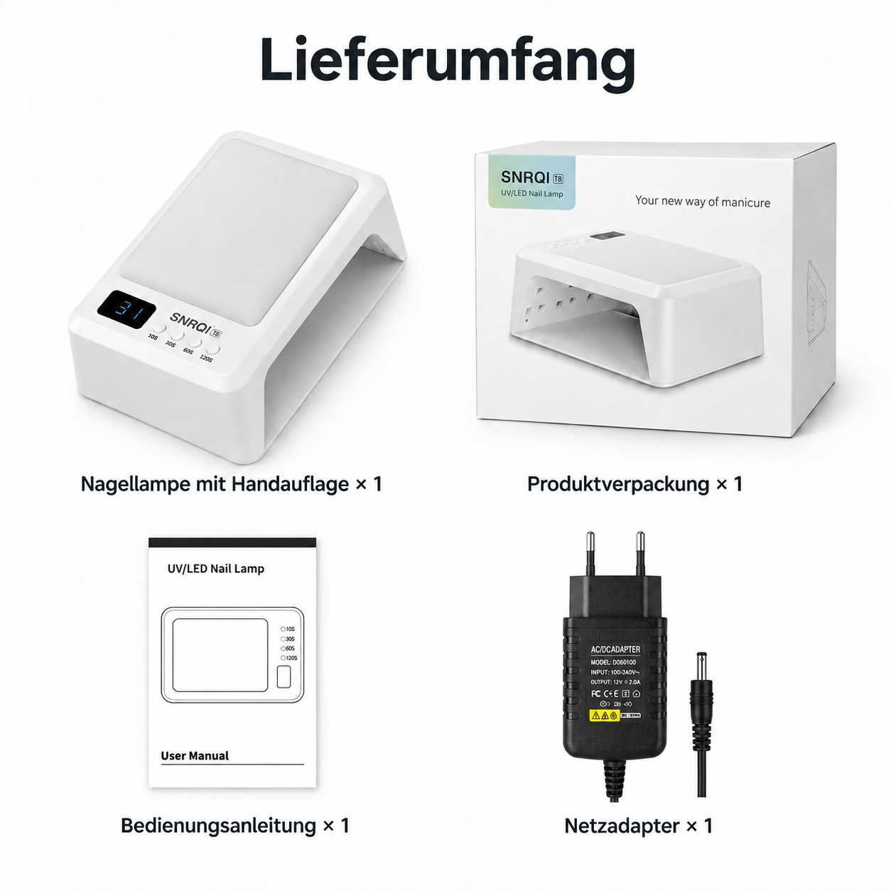 Lieferumfang: UV/LED Nagellampe, Produktverpackung, Bedienungsanleitung und Netzadapter.