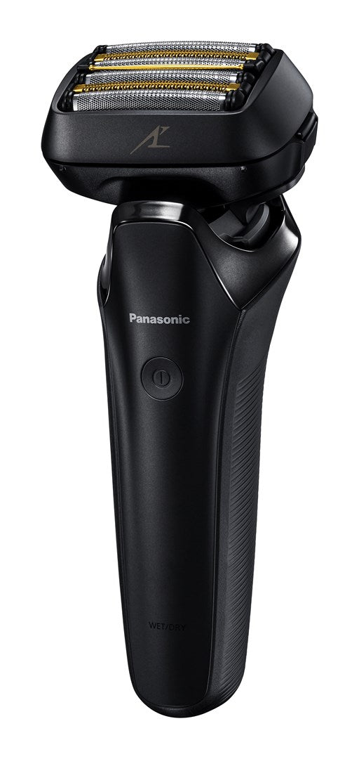 A black Panasonic wet and dry electric shaver with a multi-foil head against a white background.