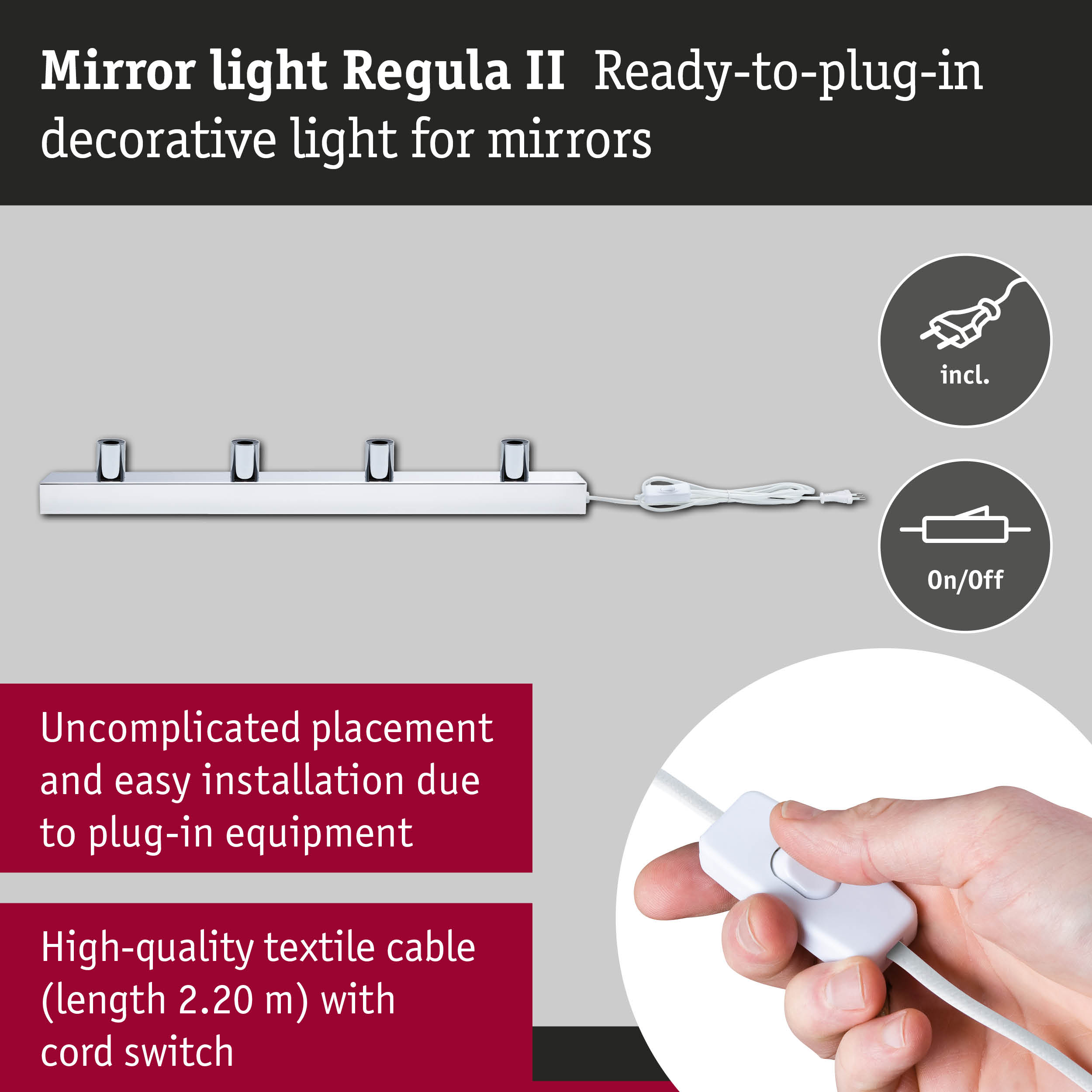 Spiegelleuchte Regula II mit Kabel und Schalter.