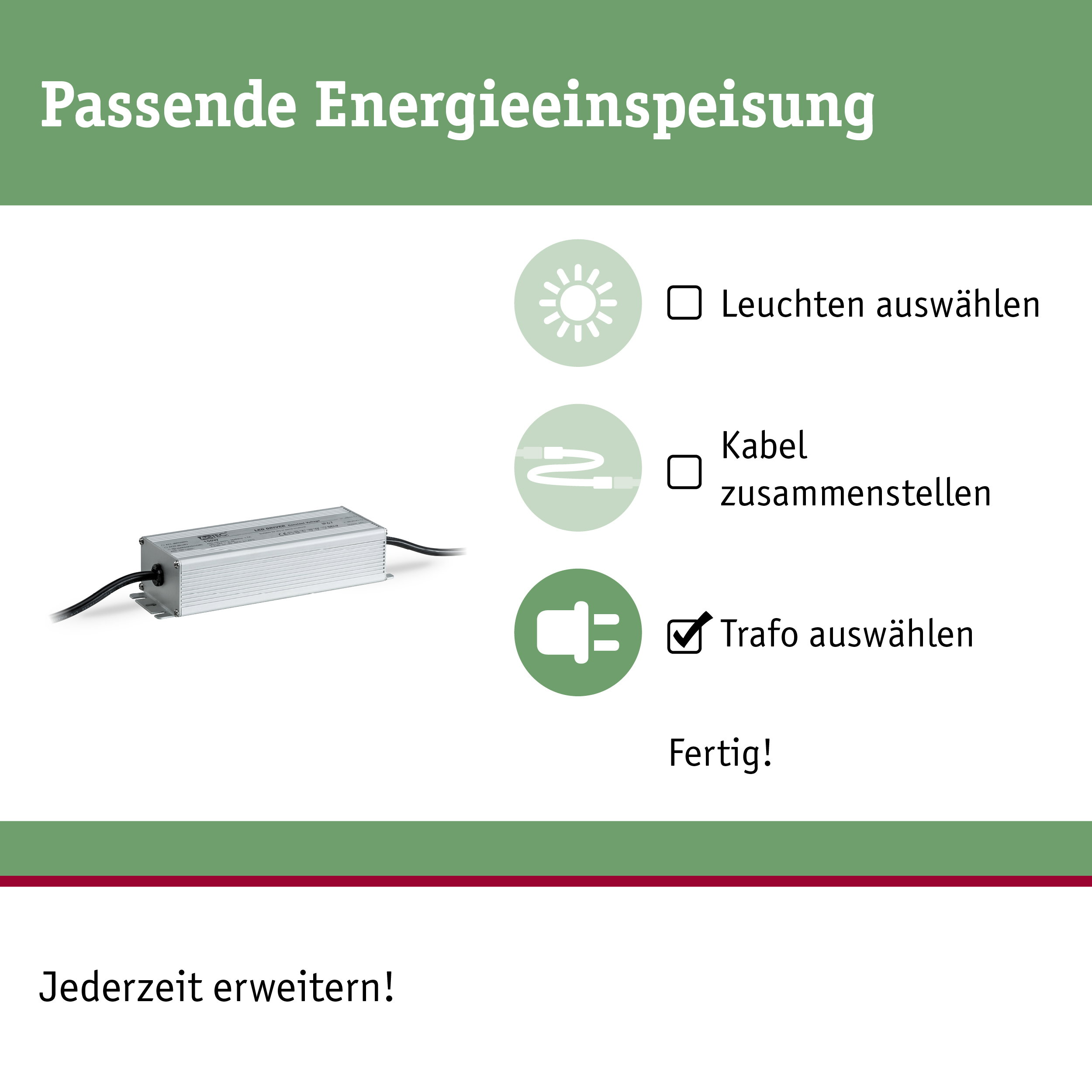 Infografik zur Energieeinspeisung mit LED-Treiber, Schritten wie Leuchten und Kabel auswählen sowie Trafo auswählen.