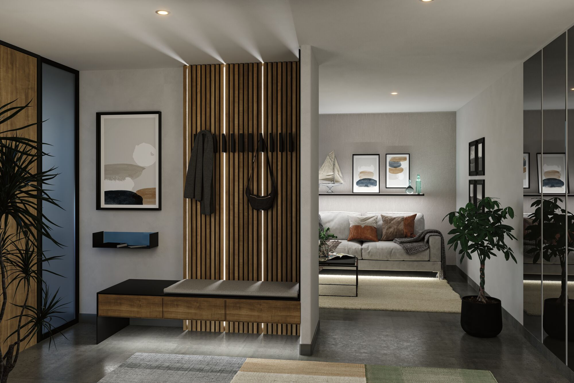 Ein moderner Flur mit Holzlattenwand, Bank, Haken und Blick in ein gemütliches Wohnzimmer mit Sofa.