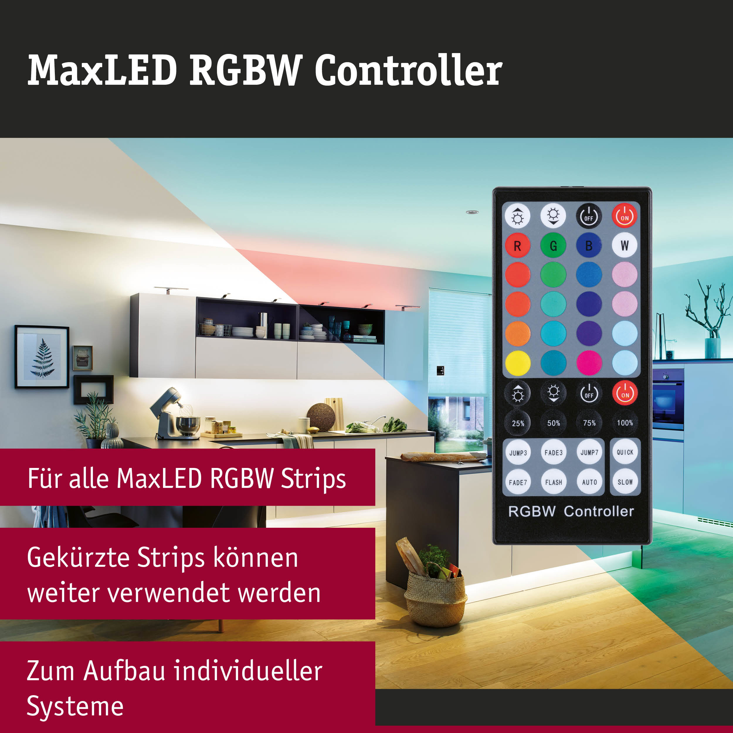 MaxLED RGBW-Controller mit Fernbedienung vor einer beleuchteten Küche.