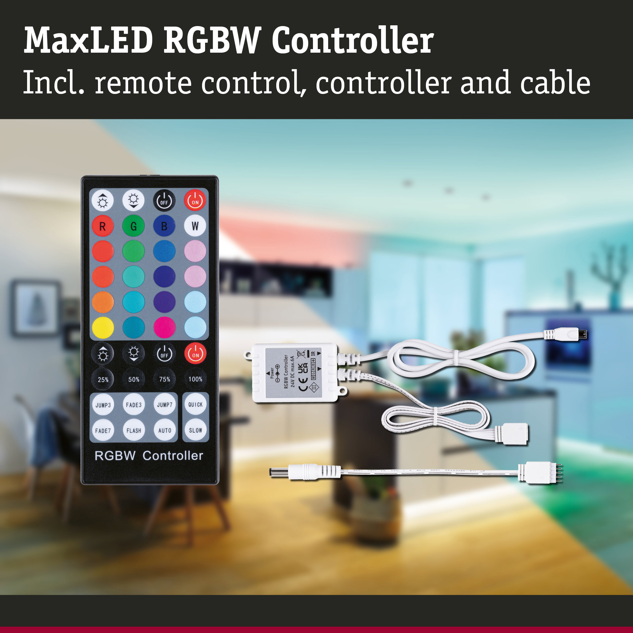 MaxLED RGBW-Controller mit Fernbedienung, Controller und Kabel vor einem verschwommenen Raum.