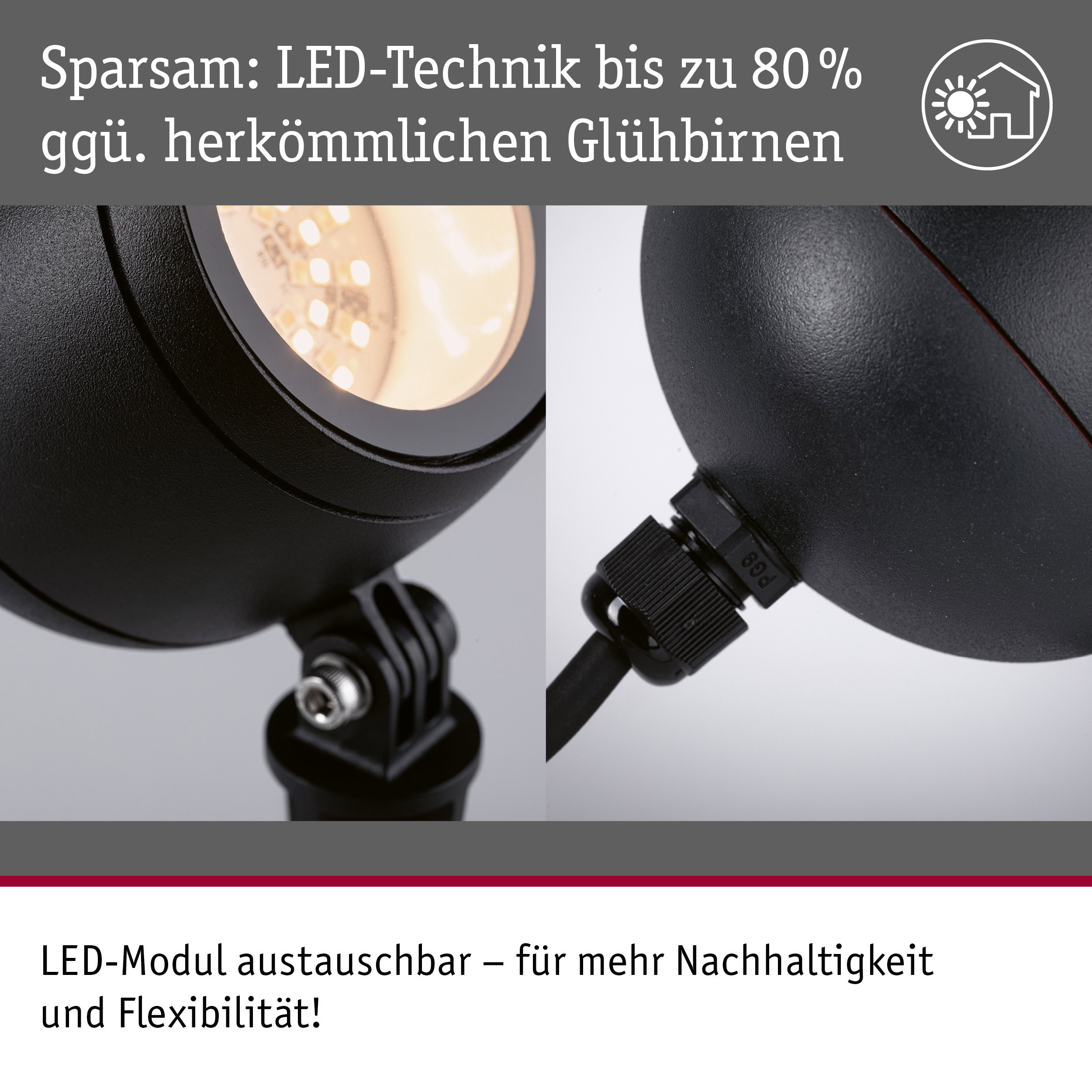 Nahaufnahme einer schwarzen LED-Außenleuchte mit austauschbarem Modul und Text über LED-Vorteile.