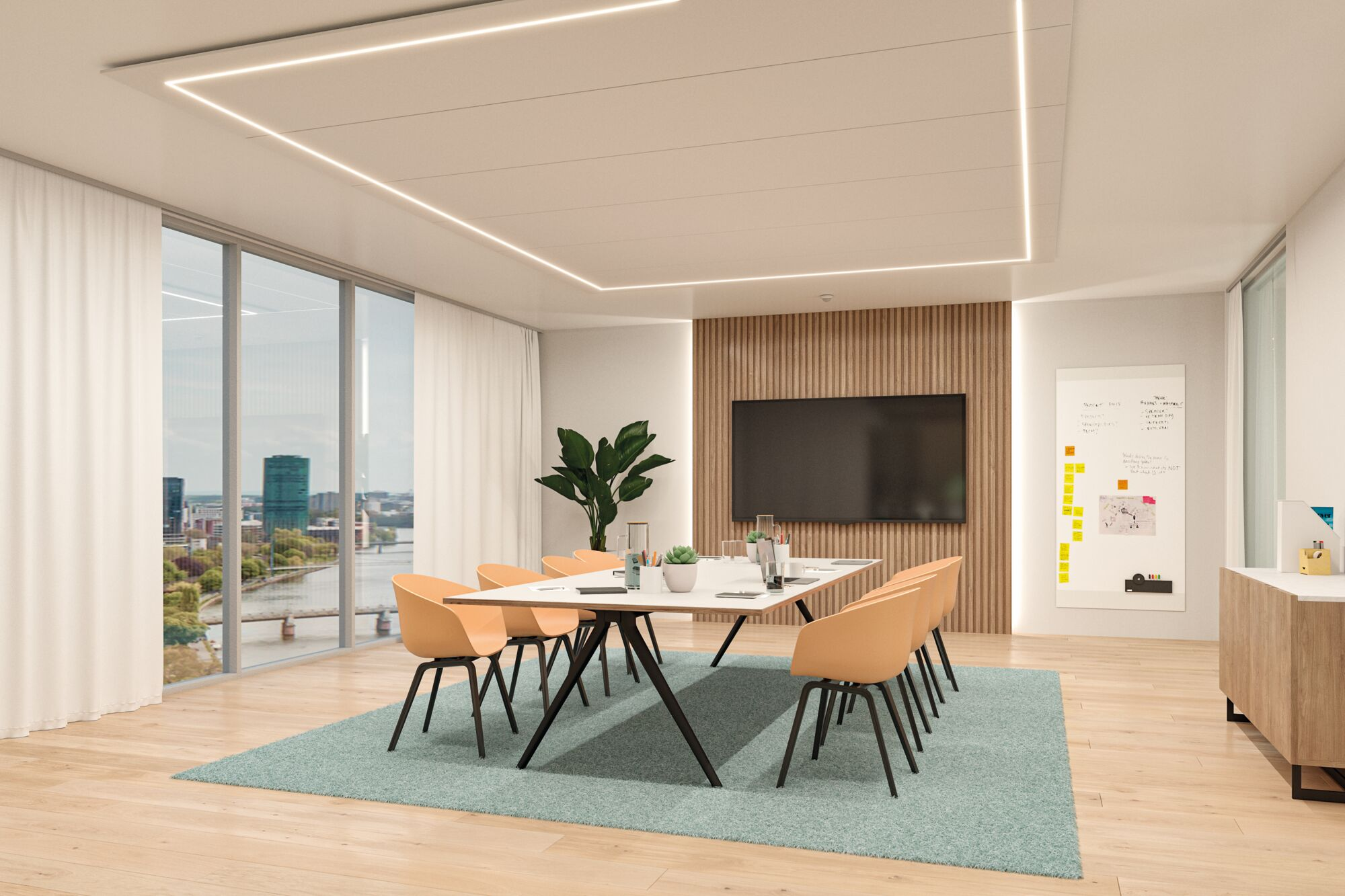 Moderne Konferenzraum mit großem Tisch, orangen Stühlen, TV an Holzwand und Stadtblick.