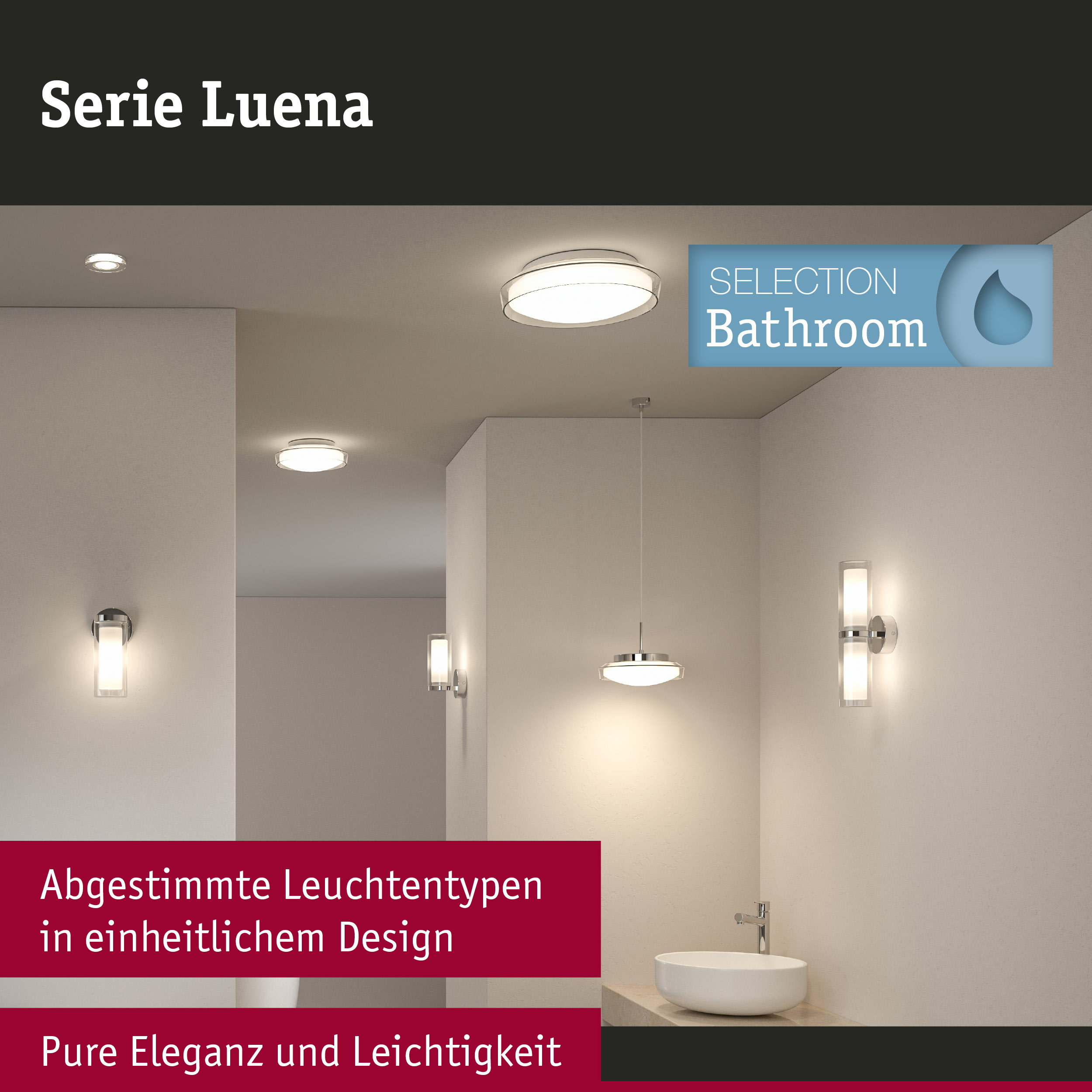 Moderne Badlampen der Serie Luena an Wänden und Decke in einem hellen Raum.