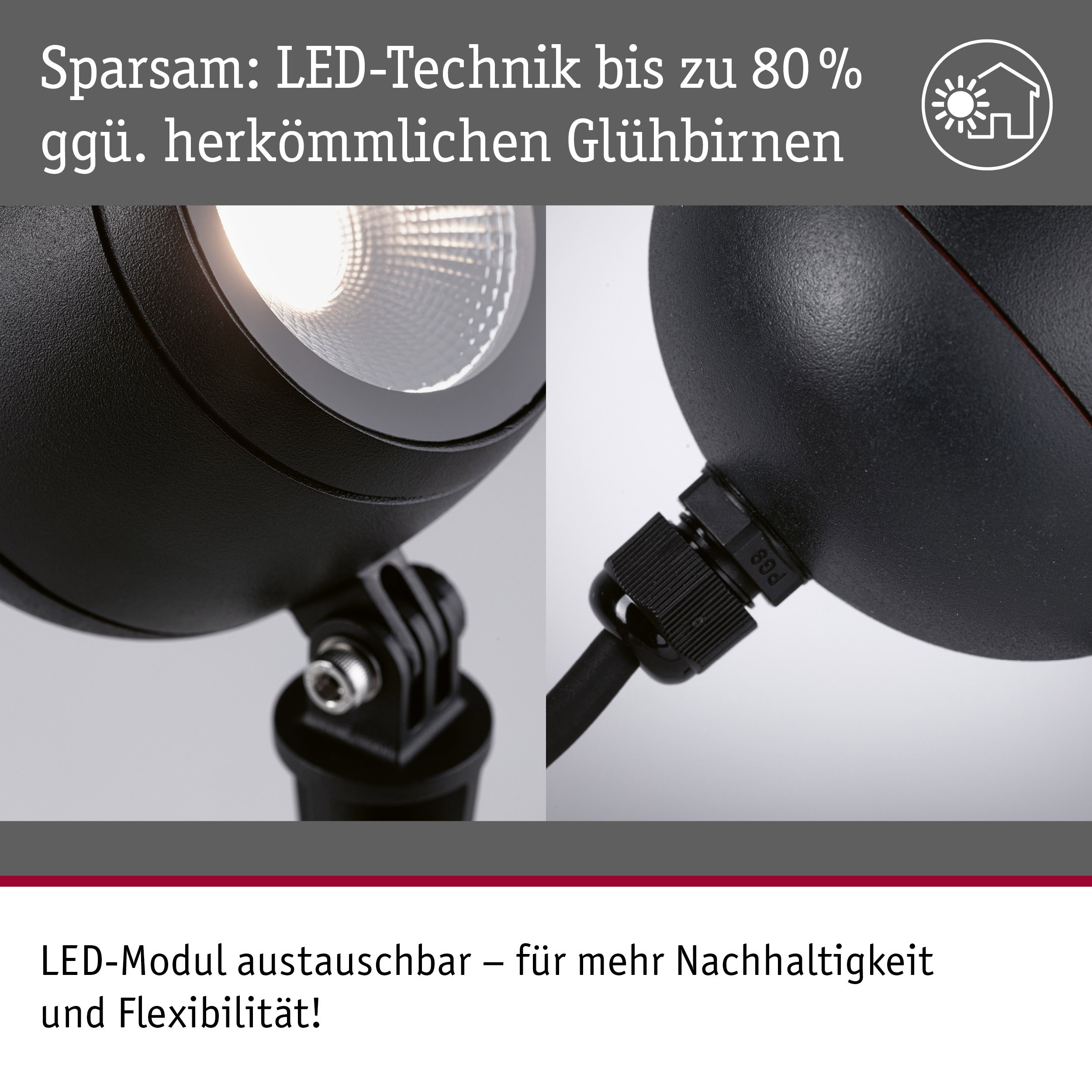Schwarze LED-Außenleuchte mit austauschbarem Modul und Text über Energieersparnis.