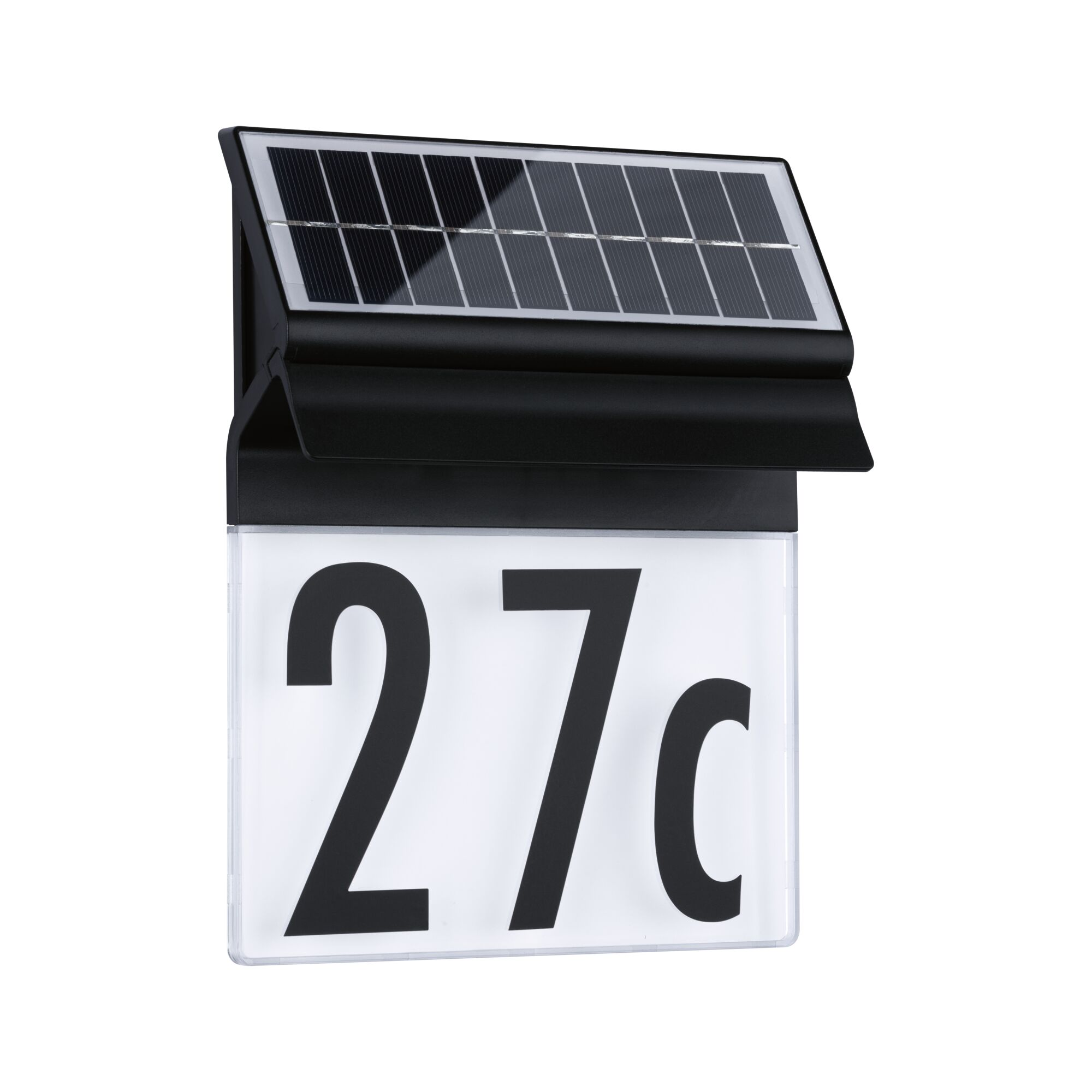 Beleuchtetes Solar-Hausnummernschild mit der Aufschrift 27c auf weißem Grund.