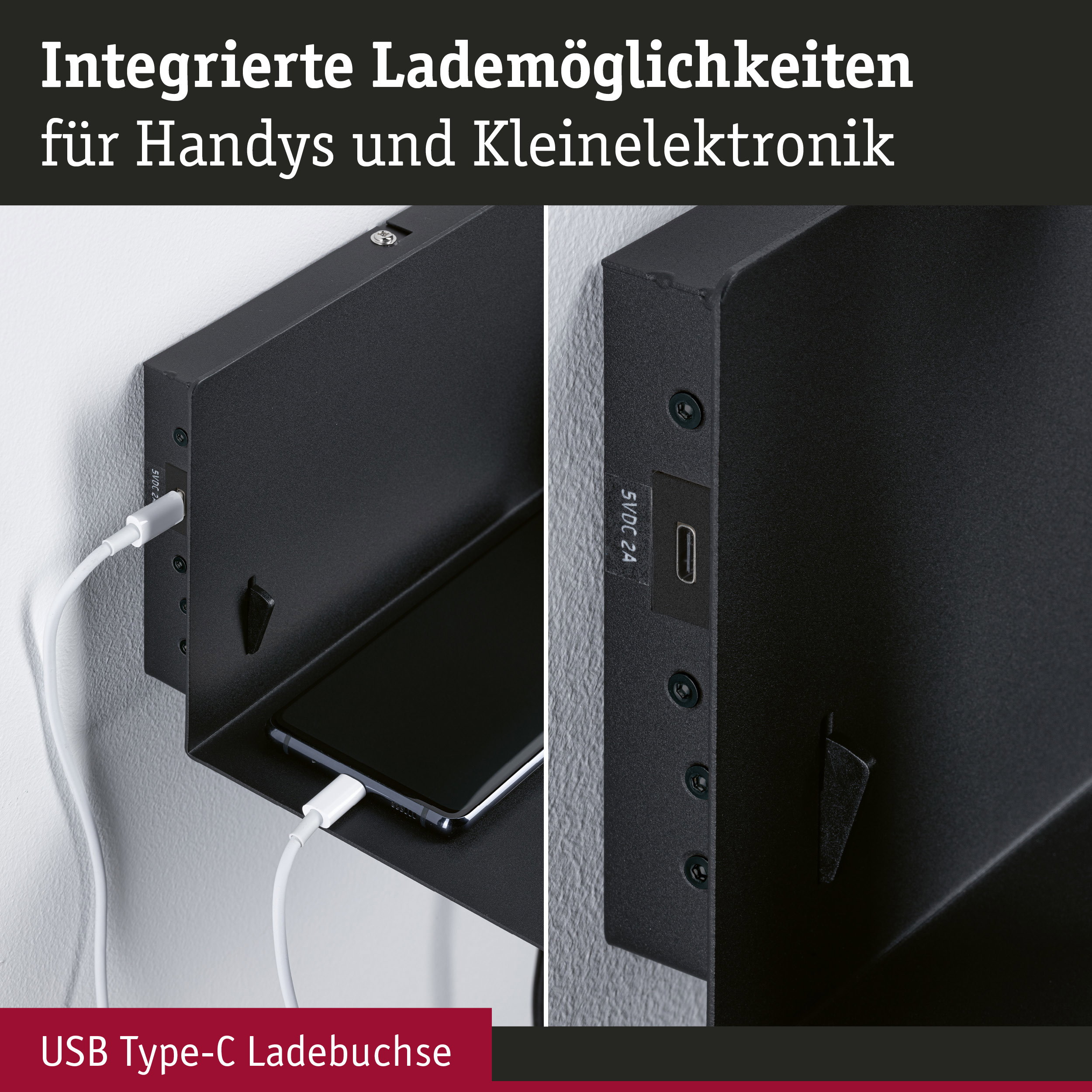Schwarzes Wandregal mit integrierter USB Type-C Ladebuchse und ladendem Smartphone.
