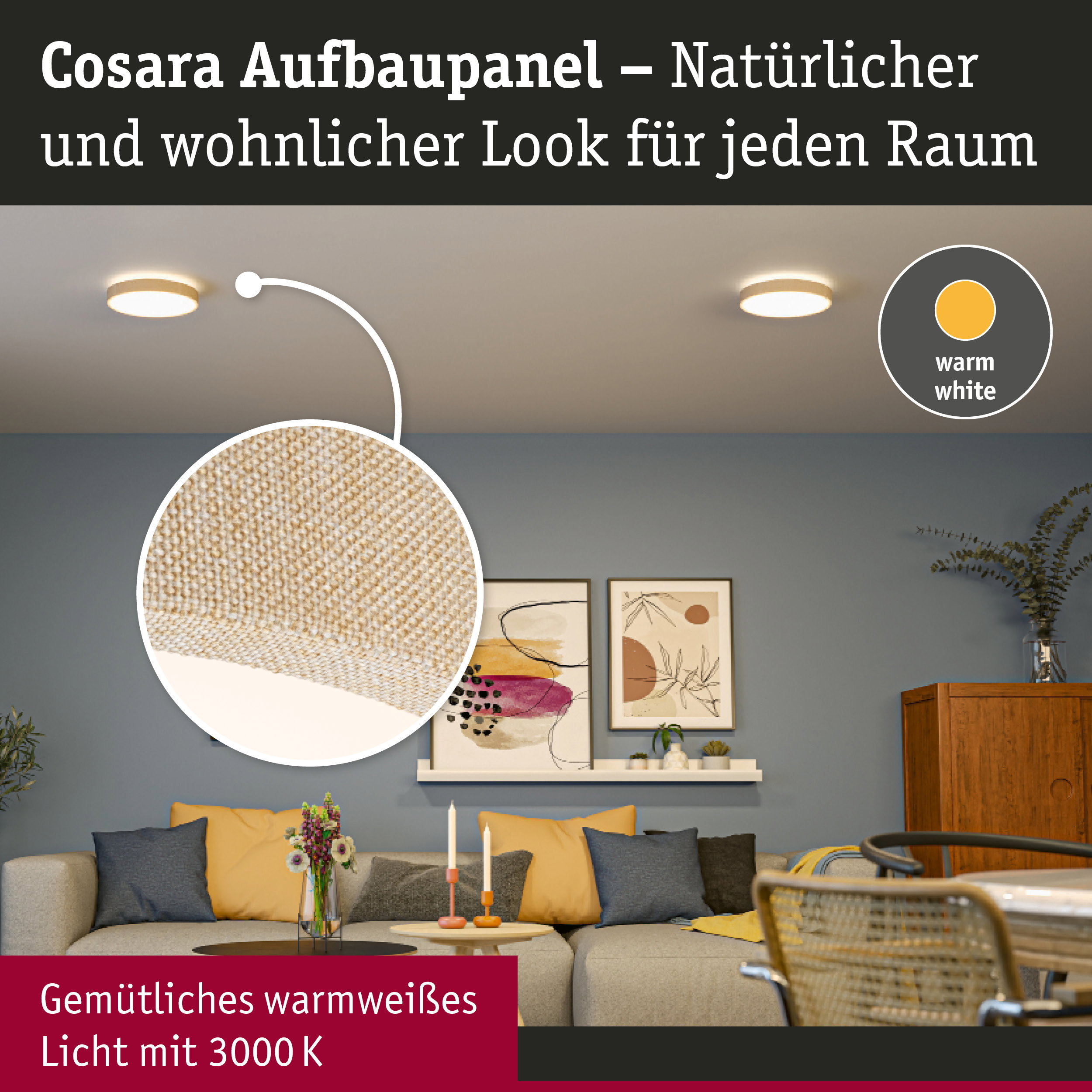 Wohnzimmer mit Cosara Aufbaupanel, warmweißem Licht (3000 K) und Holmakzenten an der Decke.