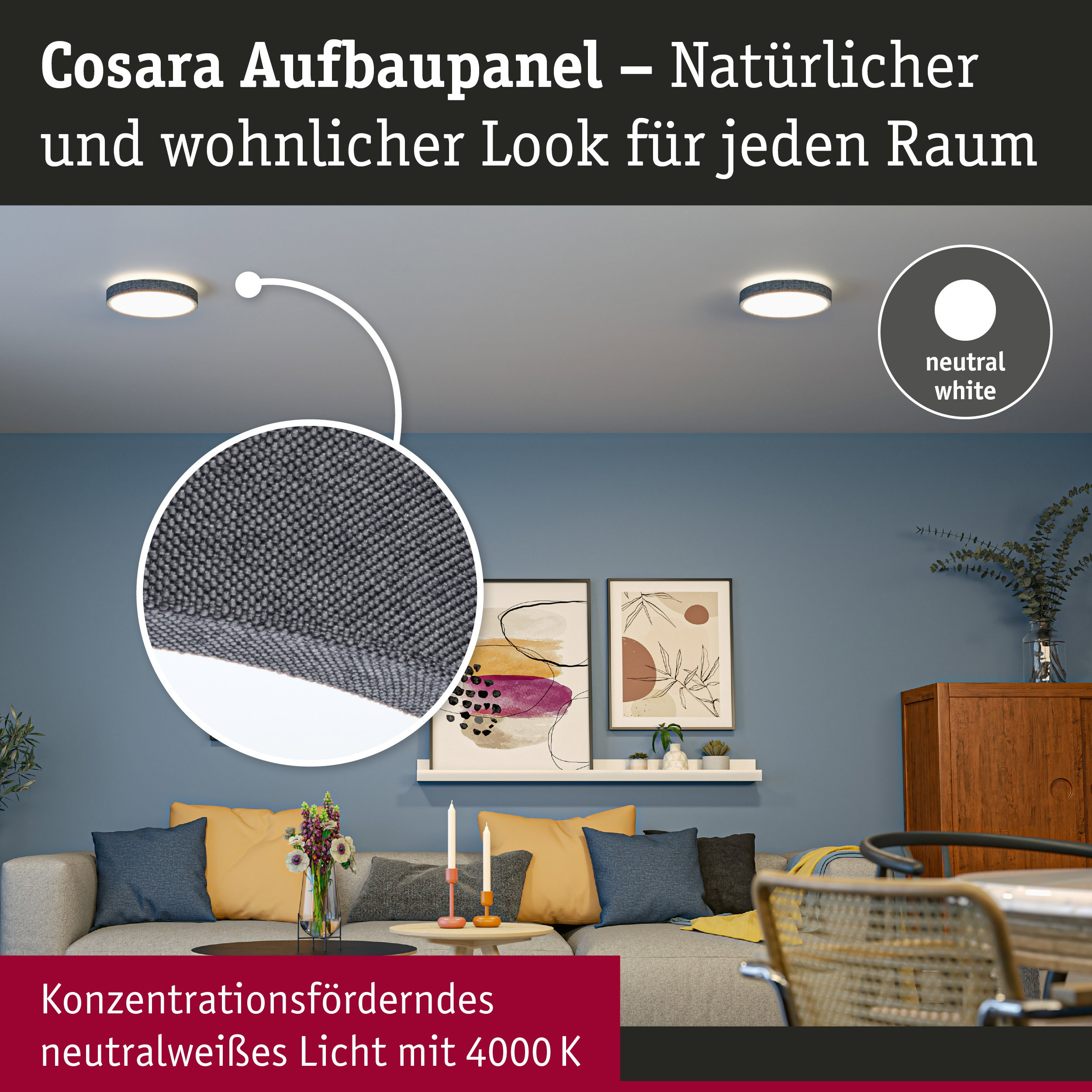 Graue Deckenleuchten mit Stoffbezug in einem modernen, hellblauen Wohnzimmer mit gelben Kissen und Holzkasten.