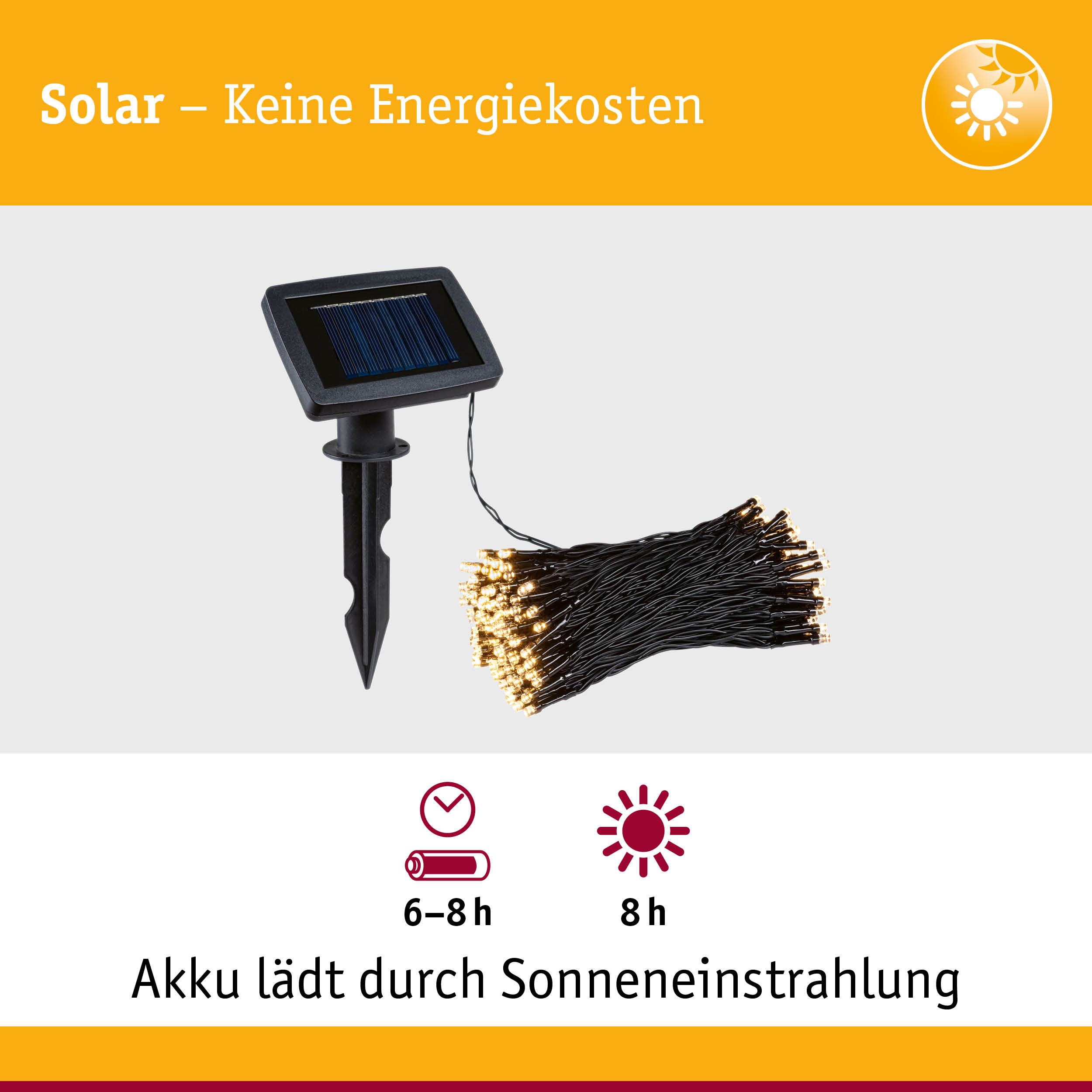 Solar-Lichterkette mit einem kleinen Solarpanel und Text über Energiekosten.