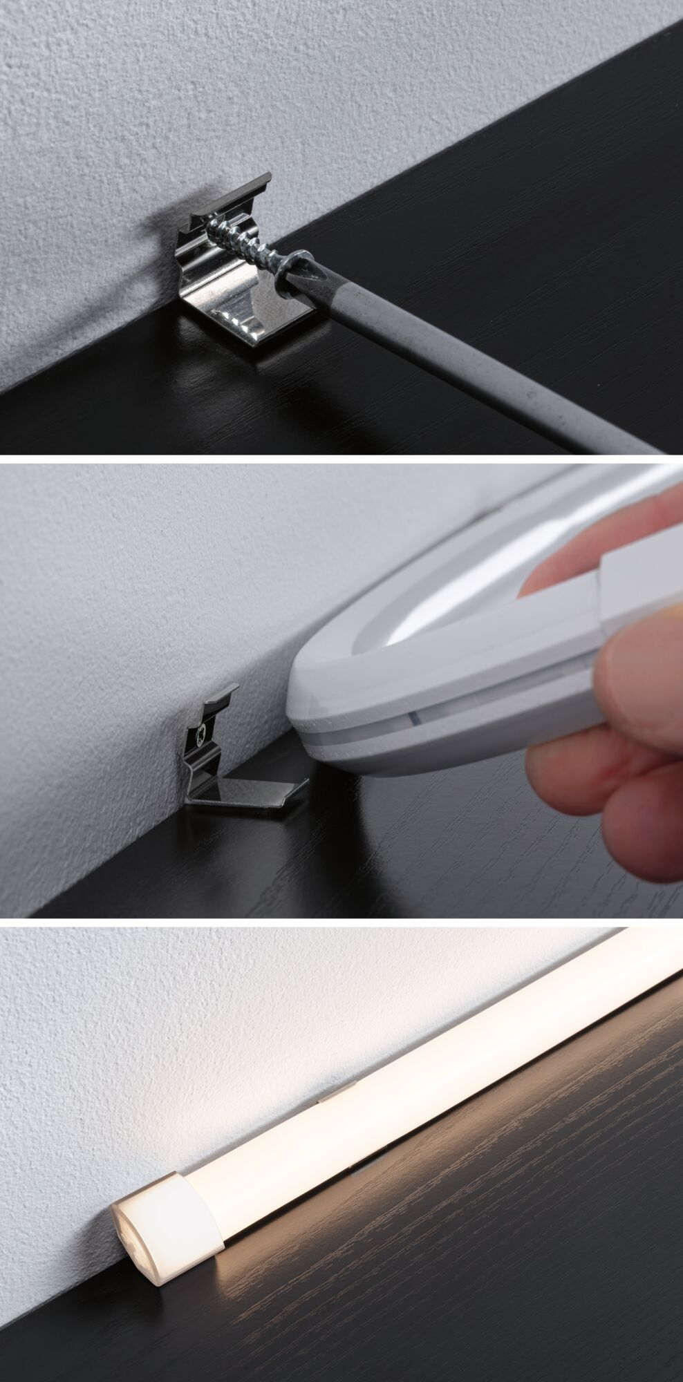 Schritte zur Montage einer LED-Leiste mit Clips und Schrauben an einer Wand.