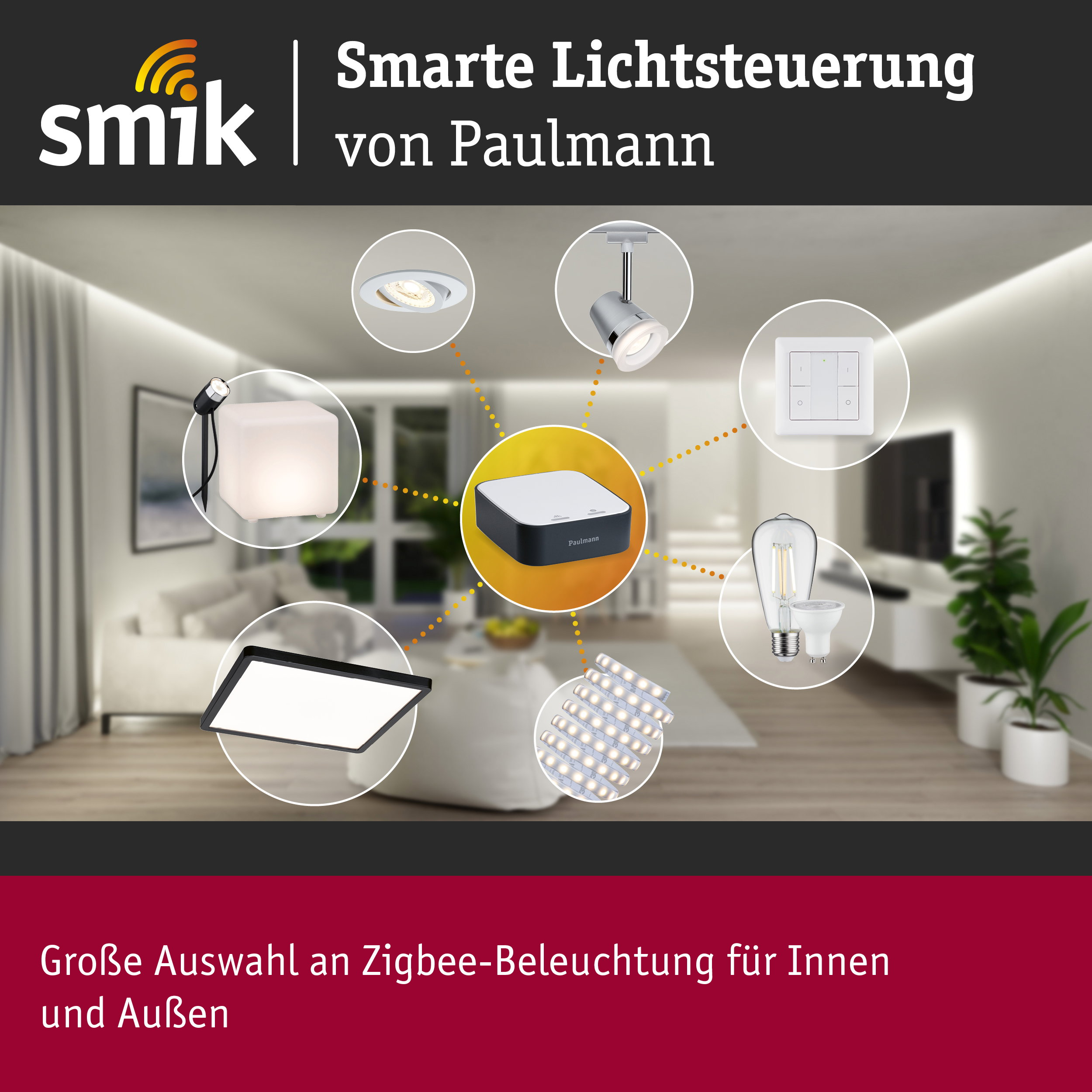Smarte Lichtsteuerung von Paulmann mit verschiedenen Lampen und einem zentralen Hub vor einem Wohnzimmer.