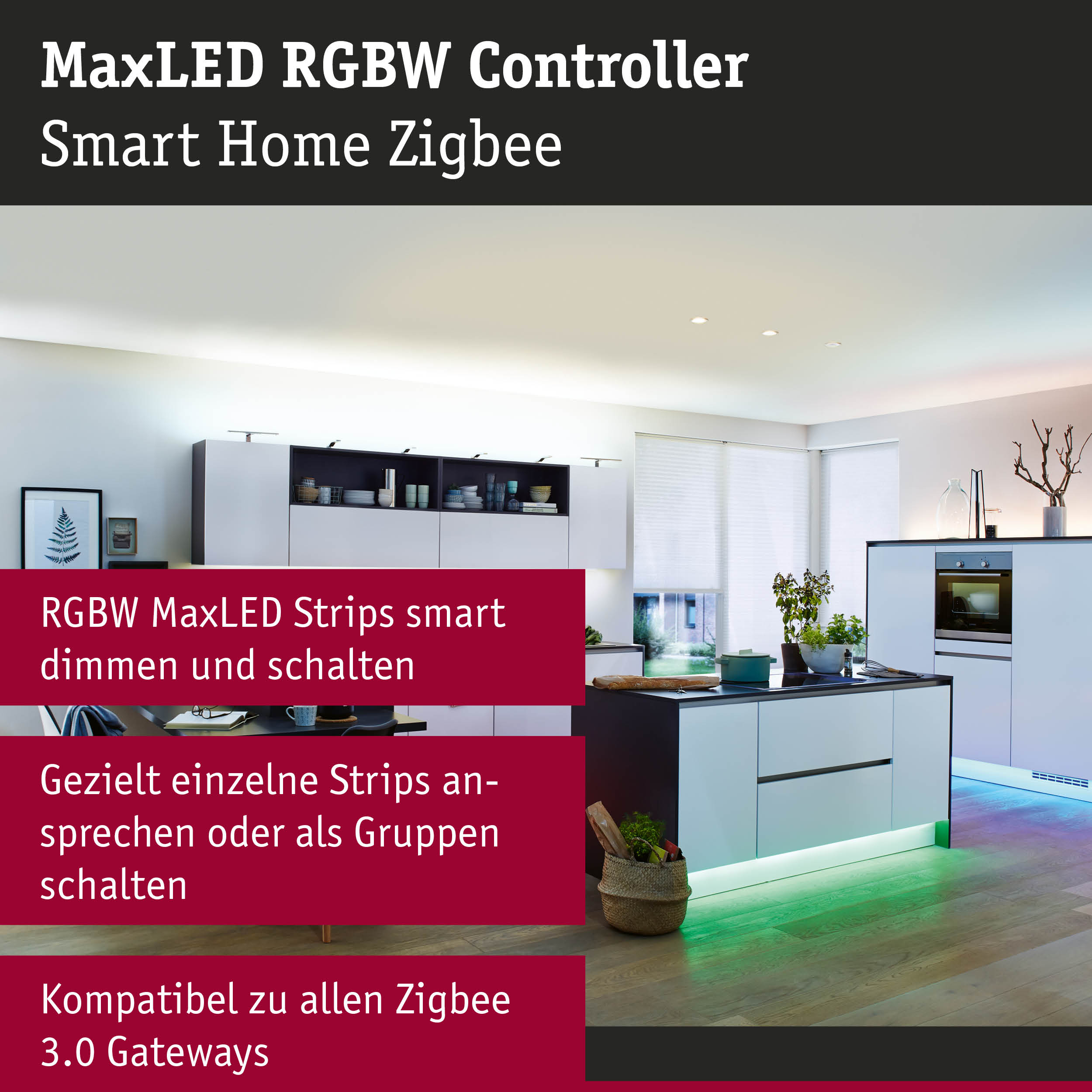 Moderne Küche mit weißem Mobiliar und grüner LED-Beleuchtung unter der Kücheninsel und den Oberschränken.