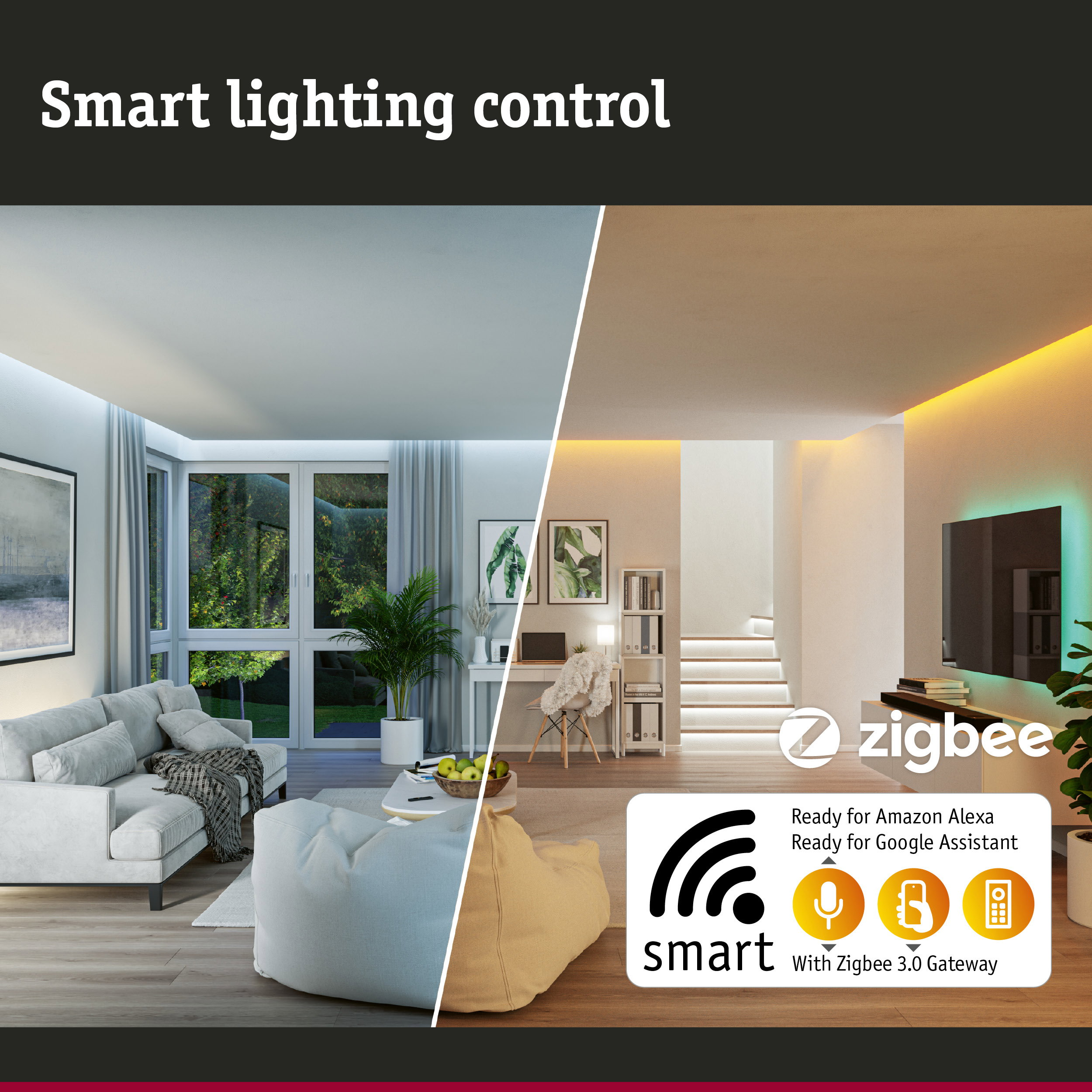 Intelligentes Lichtsteuerungssystem, kompatibel mit Zigbee, Amazon Alexa und Google Assistant, in einem modernen Haus.