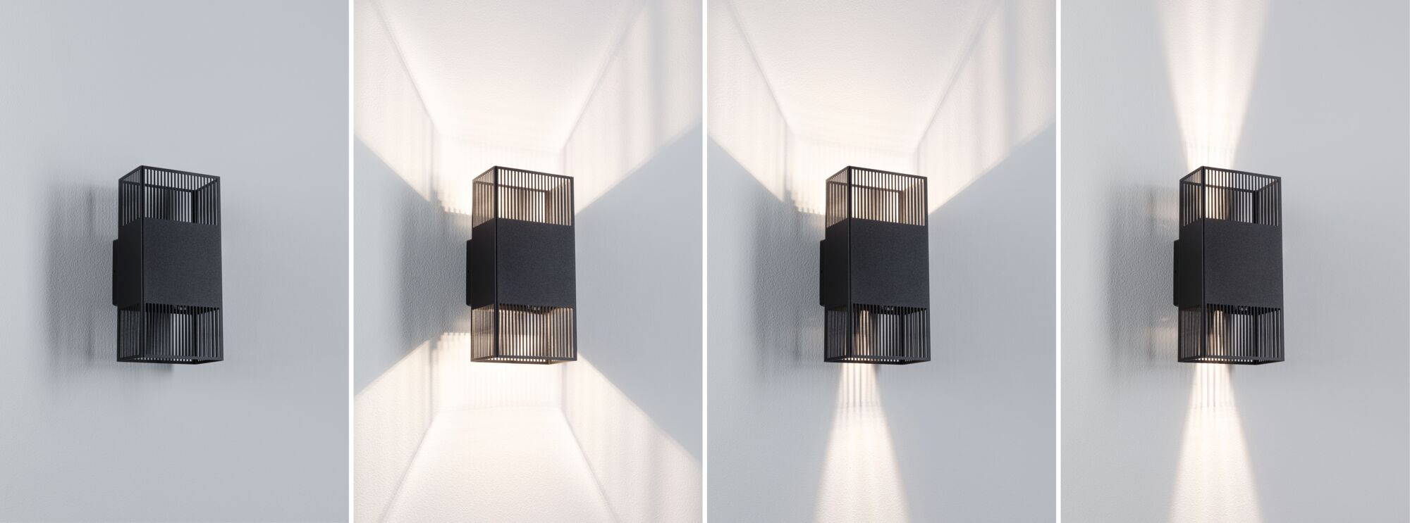 Vier Tafeln zeigen eine moderne schwarze Wandleuchte mit Lamellenenden und verschiedenen Beleuchtungswinkeln an einer weißen Wand.