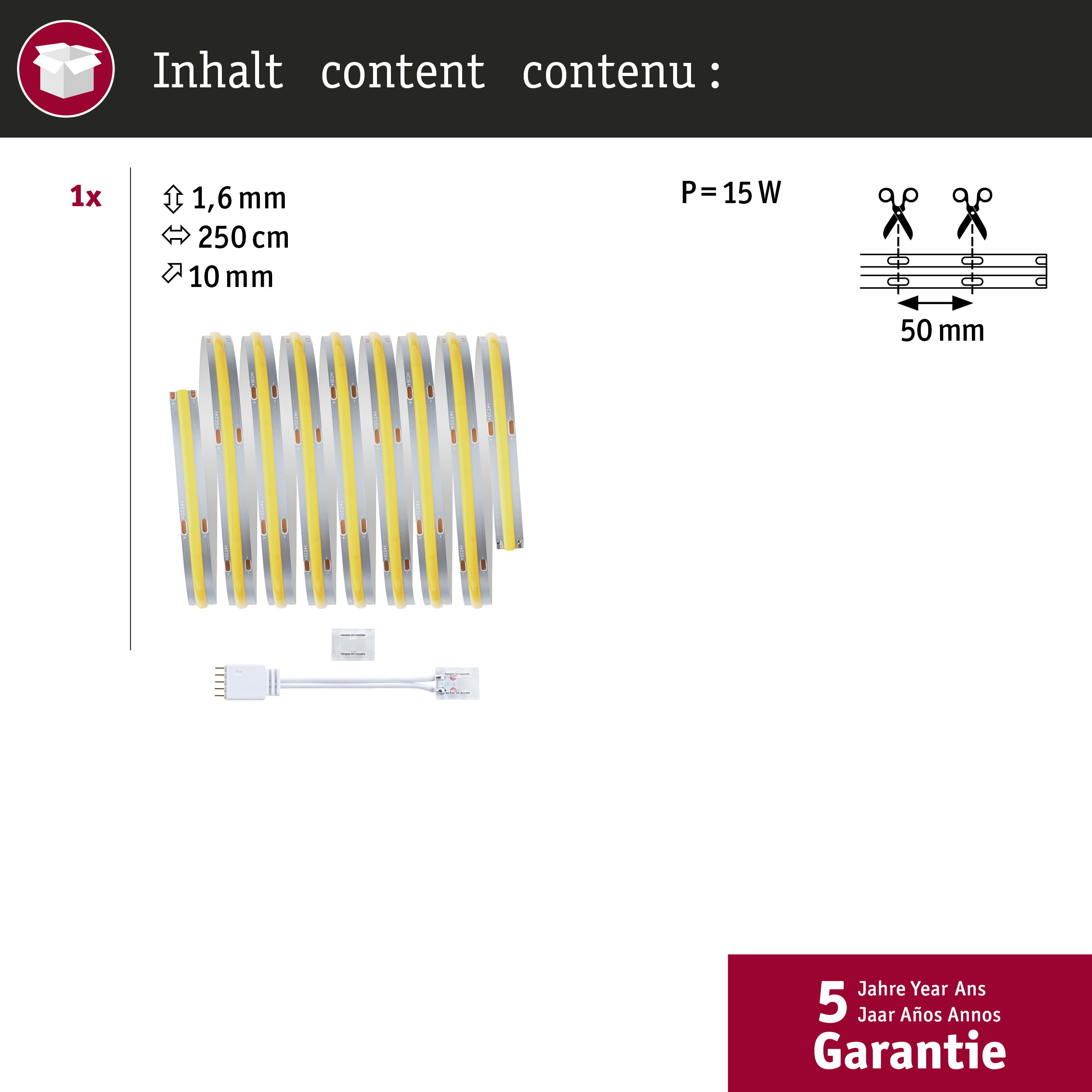 Produktinhalt mit LED-Streifen, Steckverbinder und Maßangaben wie 250 cm Länge und 50 mm Schnittabstand.