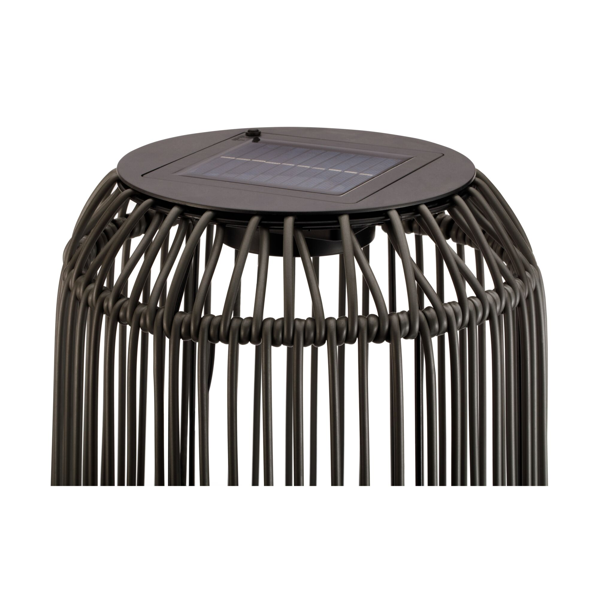 Eine schwarze Solarlampe mit einem runden Gehäuse und vertikalen Metallstreben.
