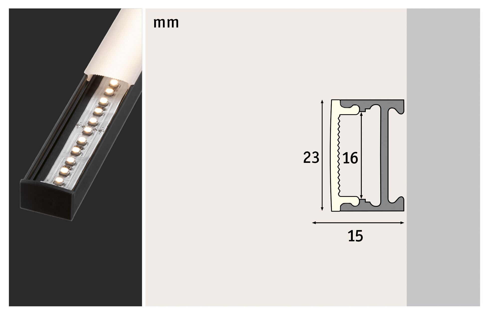 LED-Streifen in schwarzem Profil mit Diffusor und technischer Zeichnung mit Maßangaben in Millimetern.
