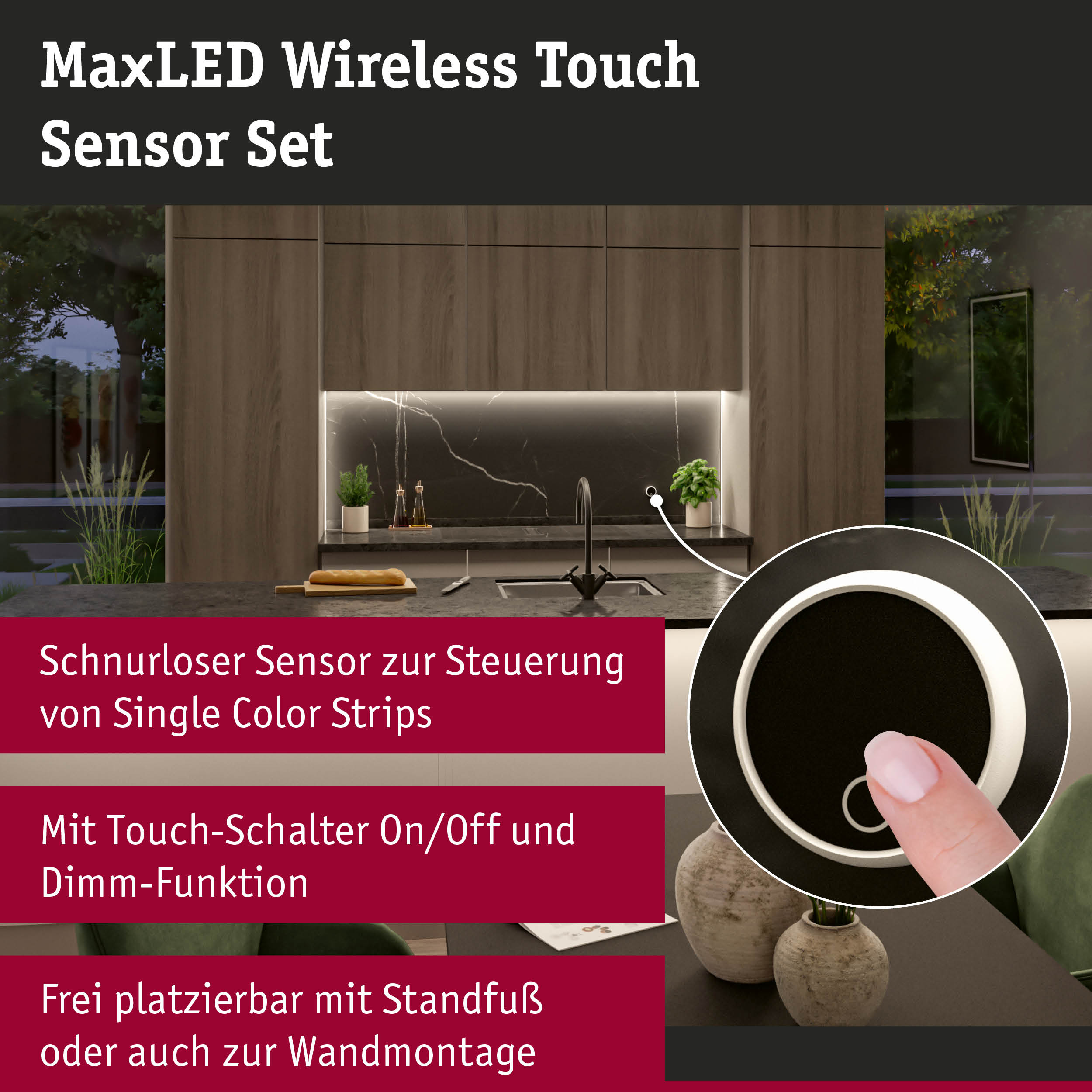MaxLED Wireless Touch Sensor Set mit Finger der einen runden, schwarzen Schalter in einer modernen Küche bedient.