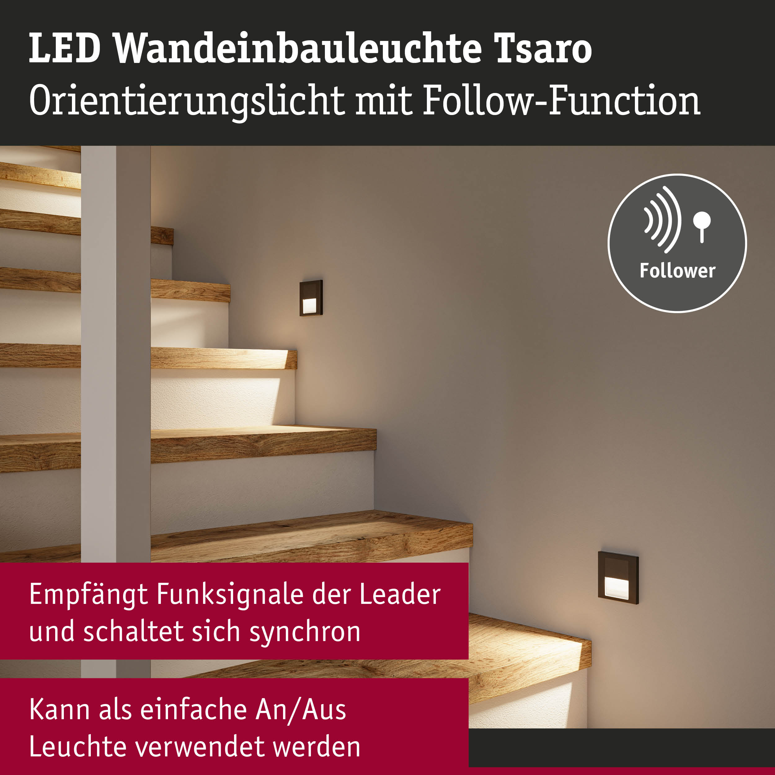LED-Wandeinleuchte Tsaro an einer Treppenwand mit Follow-Funktion und deutscher Beschriftung.